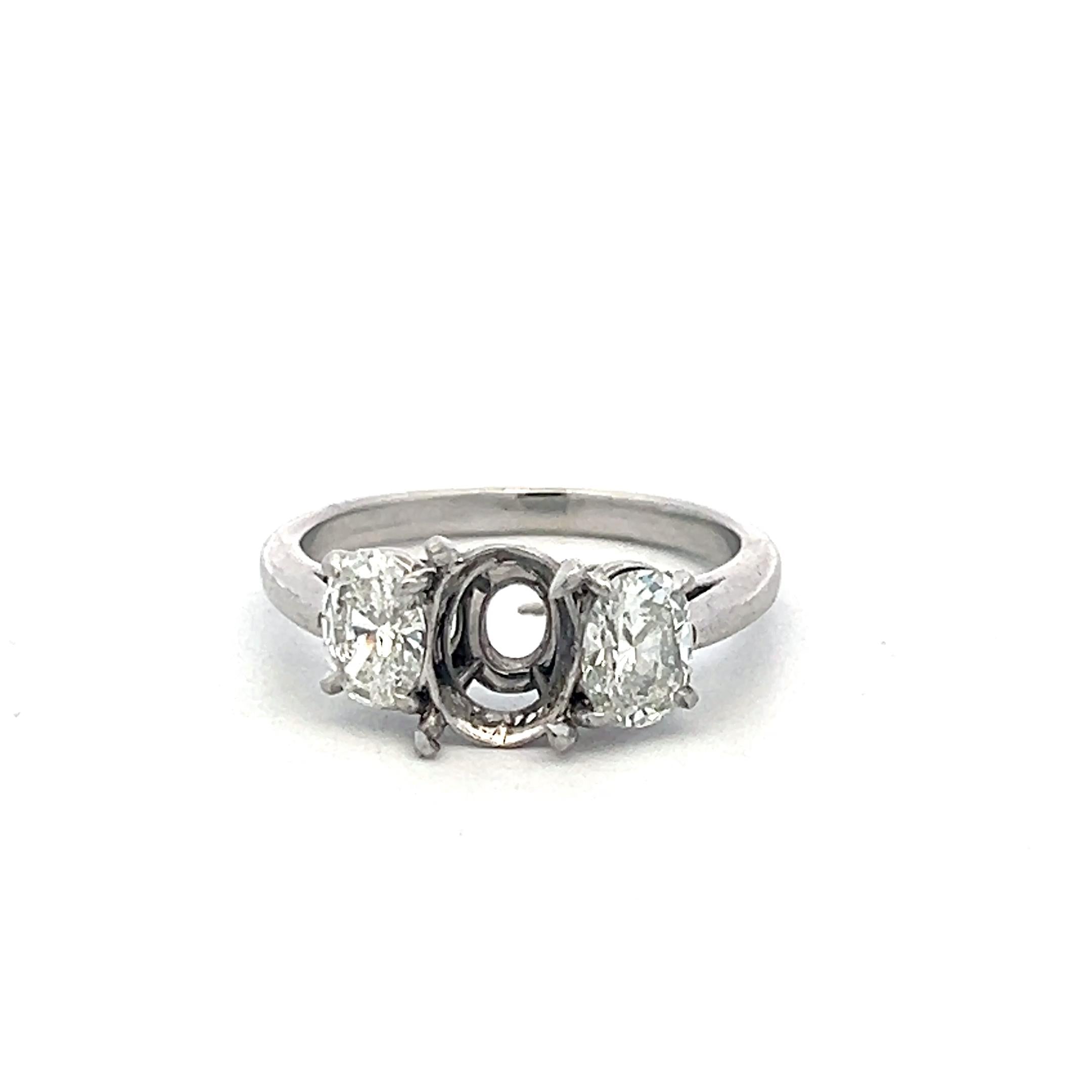 Vintage Platinum Semi Mount Ring with 1.5ct Oval I-SI Diamonds Fits 8.4x5.7mm