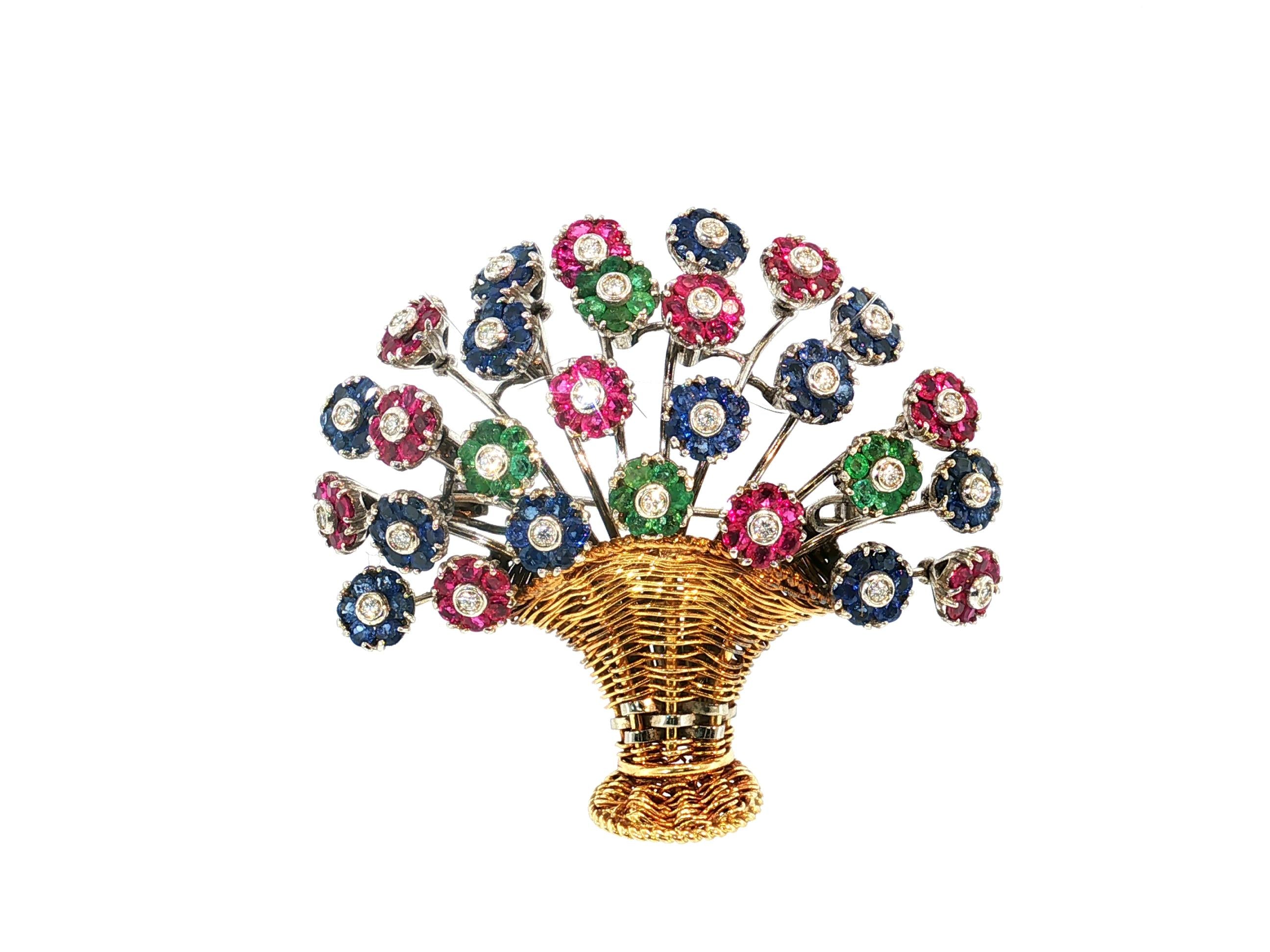 18K Two Tone Gold Pin Brooch 0.55 Carat Round H VS Diamonds & Multi Gemstones