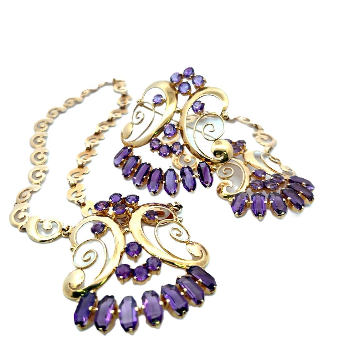 Vintage 14K YG Pendant Necklace and Bracelet Set with 22 Carat Amethysts