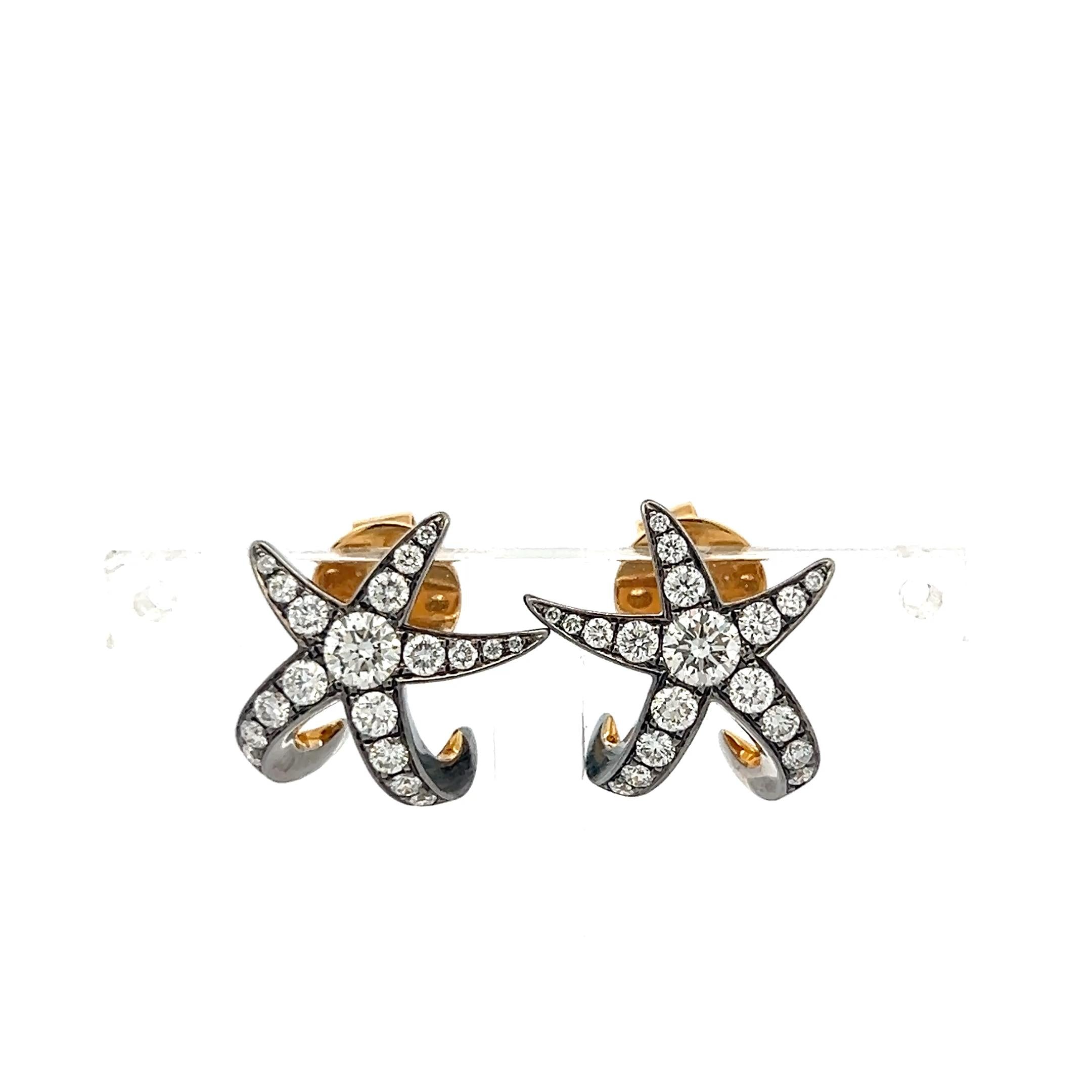 14K Two-Tone Gold Starfish Stud Earrings 1.3ct Old European Cut G VS Diamonds