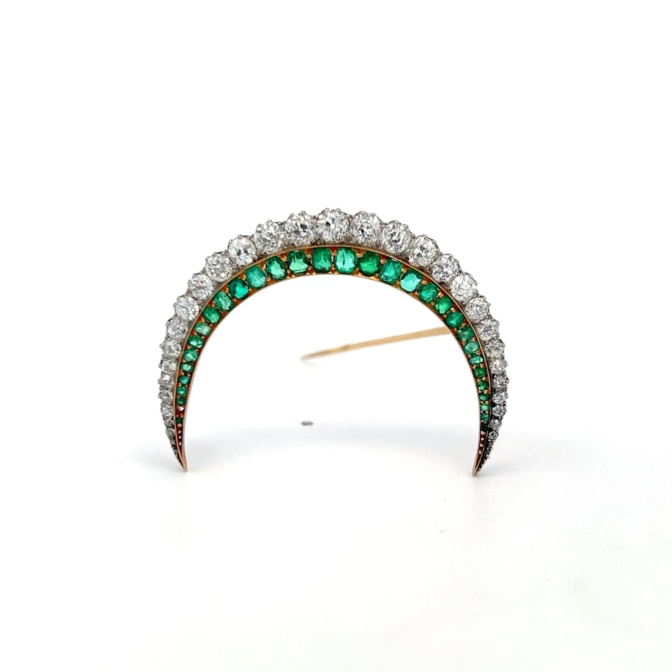 Vintage Two Tone Gold Pin Brooch 2ct Old European Cut Diamonds & 1.15ct Emerald