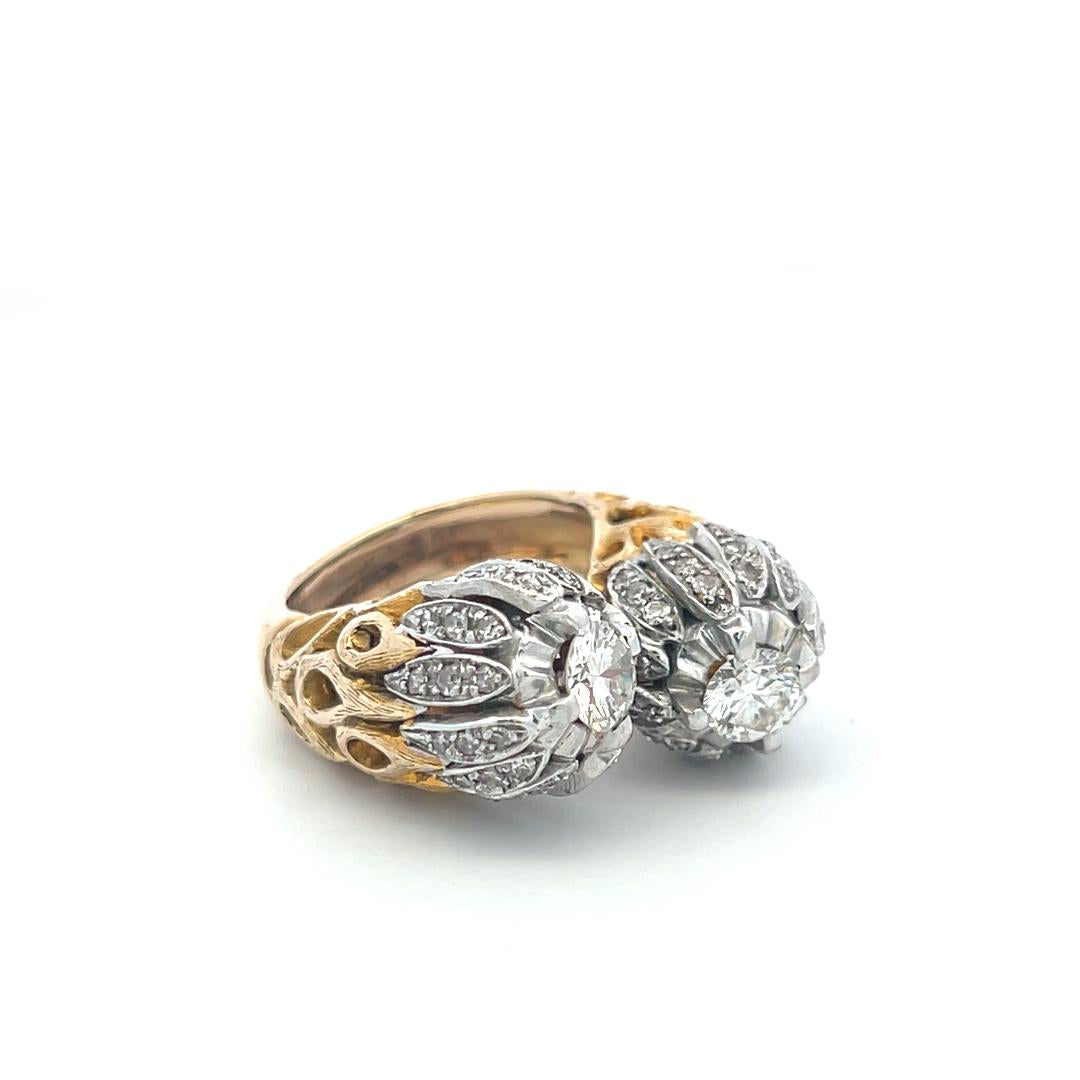 Vintage 18K Two Tone Gold Cocktail Ring with 1.79 Carat Round Diamonds Size 5.75