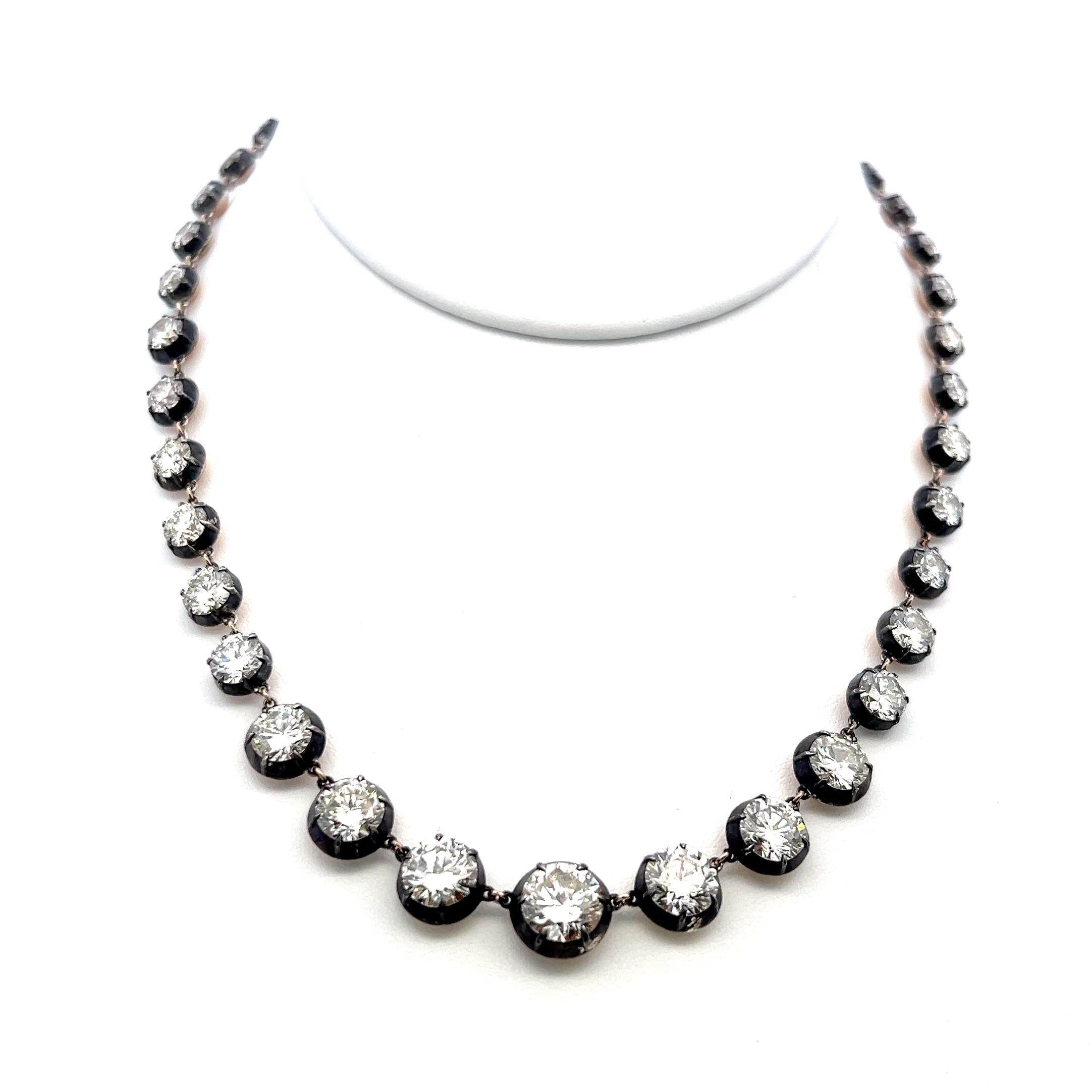 14K Gold Silver Riviera Necklace 24.35 Carat Round and warm Diamonds GIA
