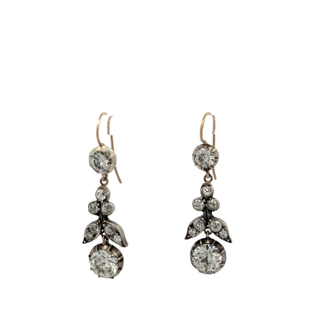 Gold Silver Drop Earrings with 4.07ct Old European & Circular Diamonds K SI2 GIA