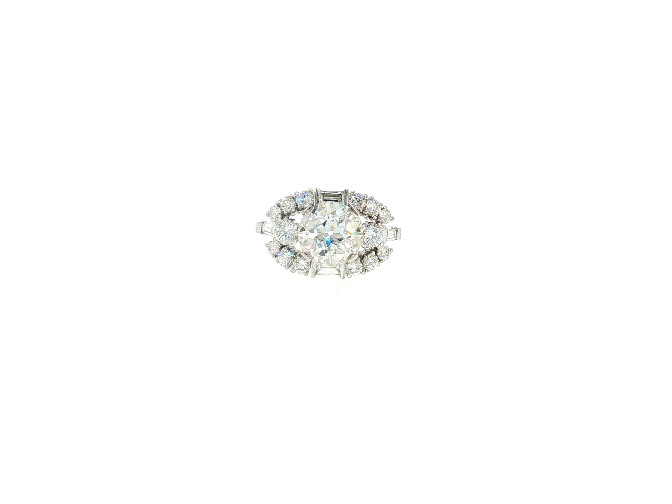 Platinum Art Deco Ring with 3.54 Carat Mixed Cut Diamonds Size 6 H-VS2 GIA