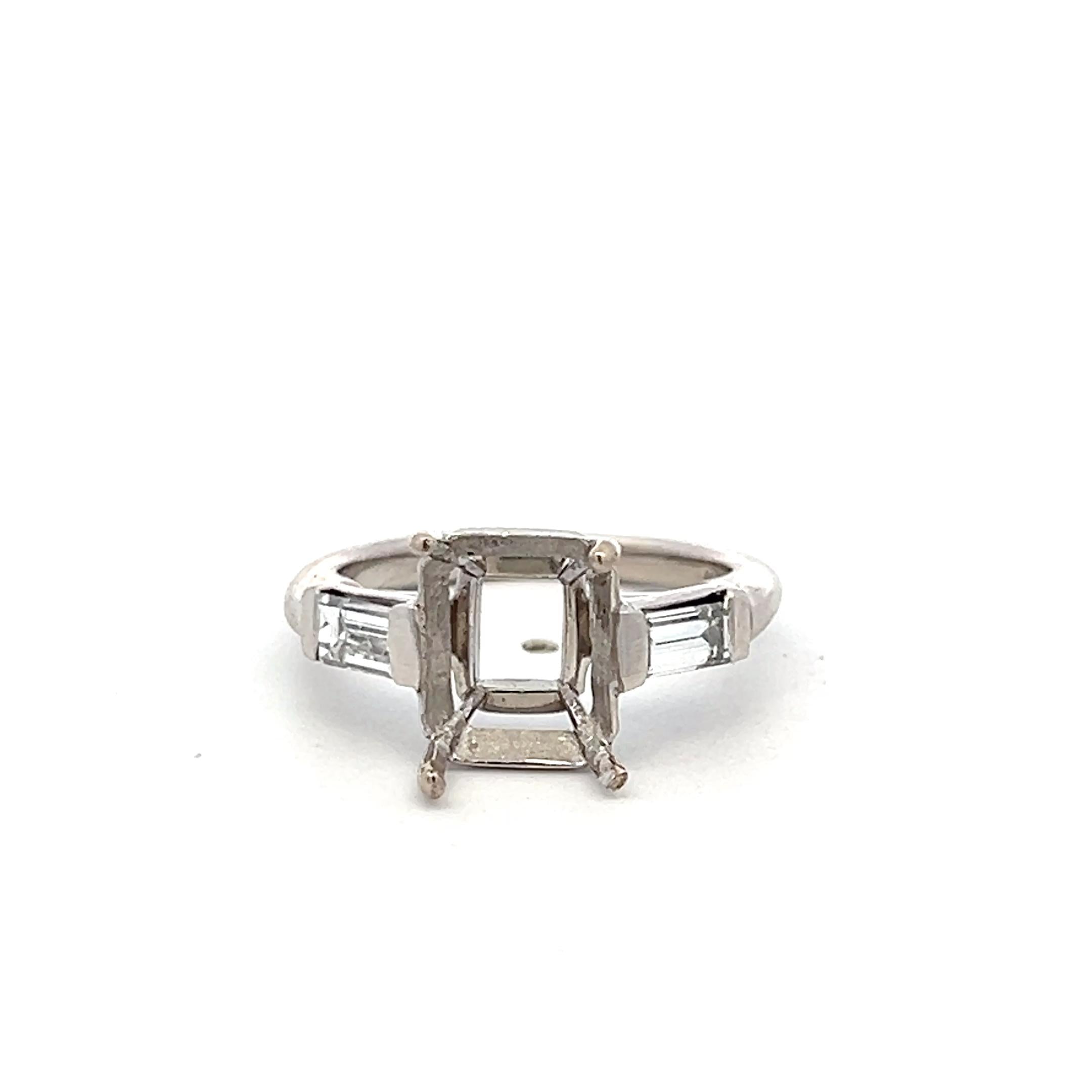Platinum Semi Mount Ring with 0.63ct Baguette G VVS Diamonds Fits 8.7x7.5mm
