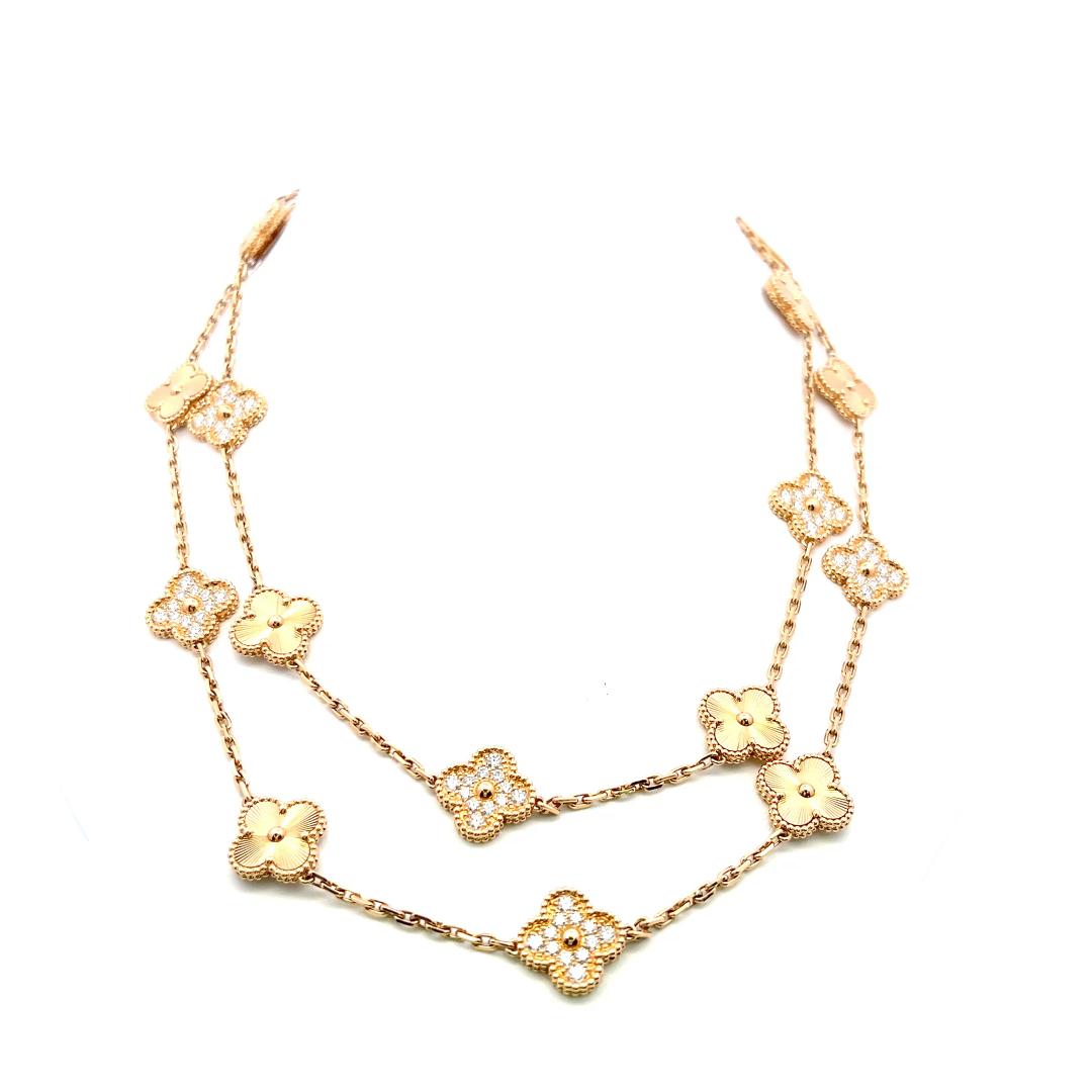 Van Cleef & Arpels 18K Yellow Gold Clover Necklace 4.83ct Round F VVS Diamonds