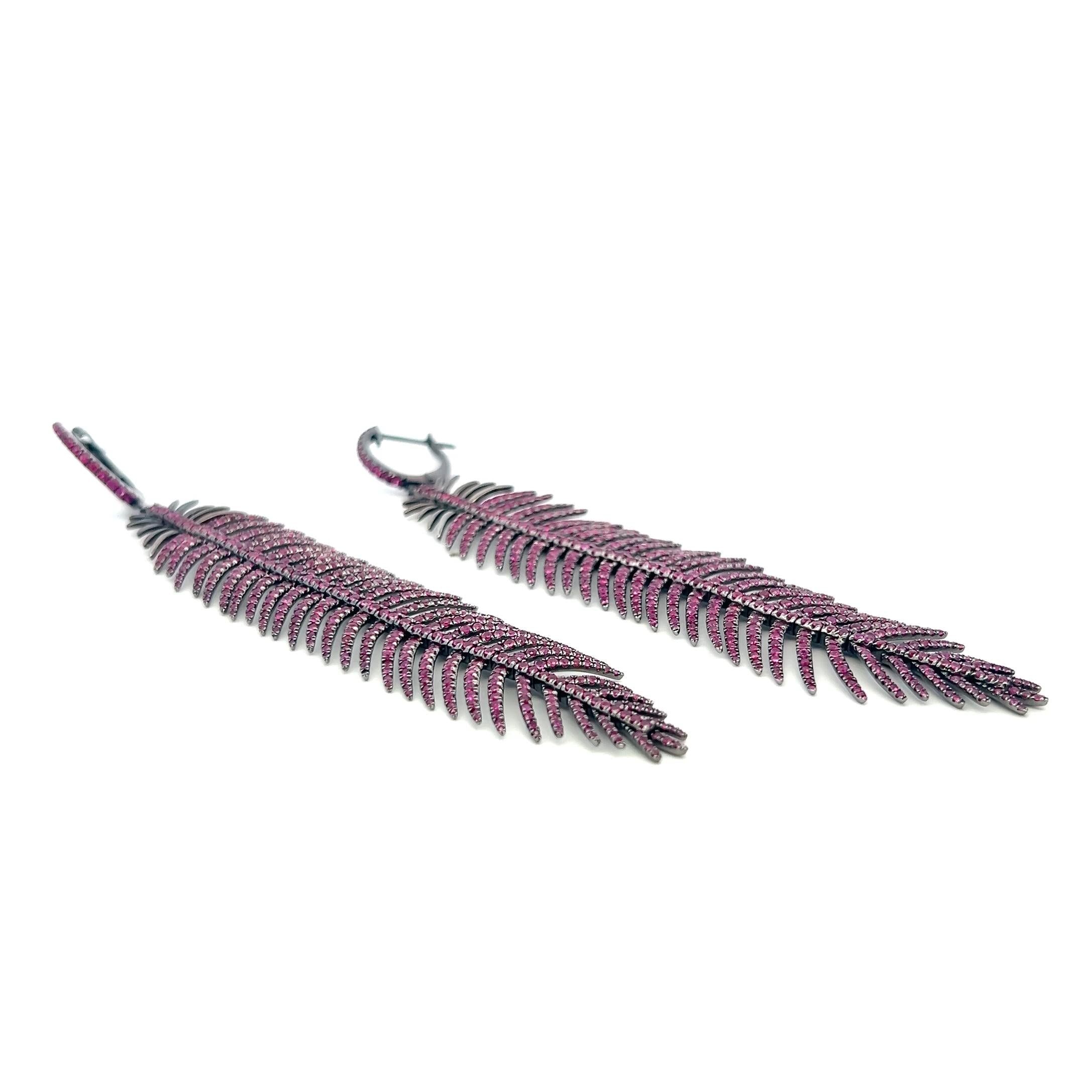 Vintage 18K White Gold Feather Drop Earrings with 7.84 Carat Ruby