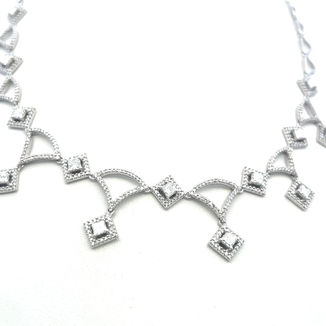 18K White Gold Link Necklace with 6.3ct Round & Princess Cut F VS Diamonds