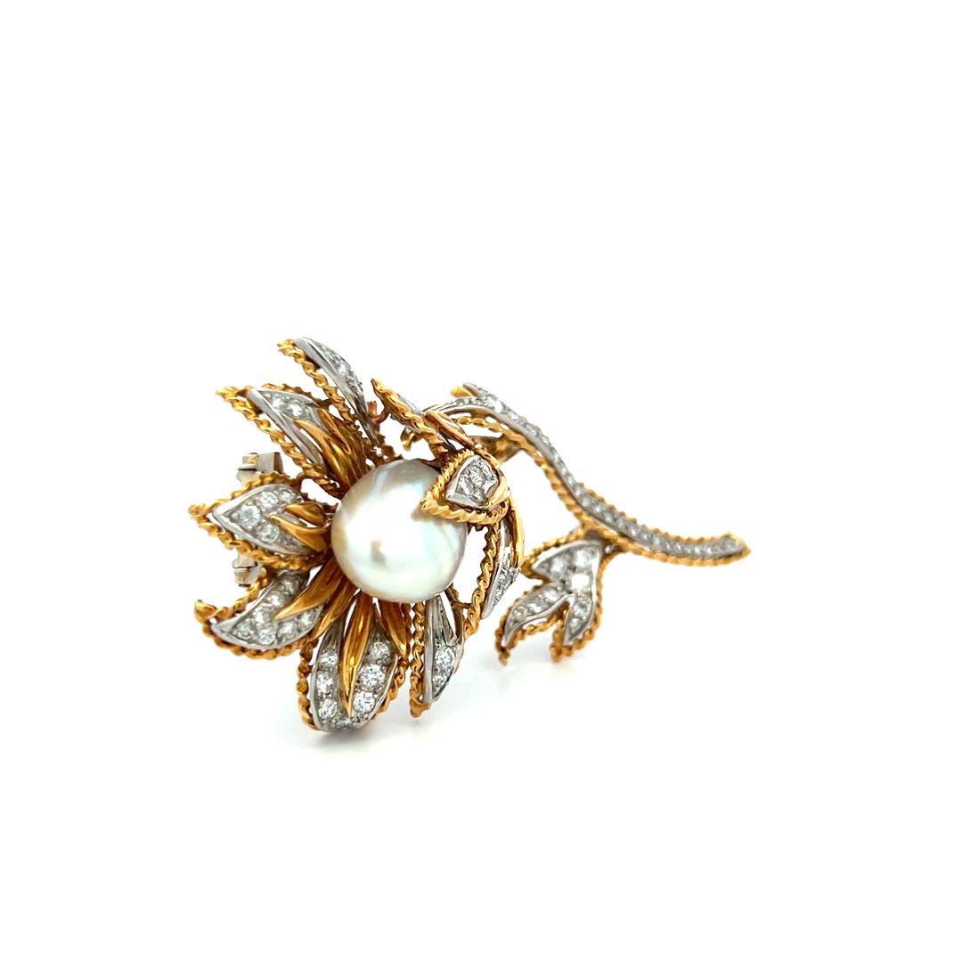 18K YG Flower Pin Brooch with 1.5 Carat Round H VS Diamonds and Pearl