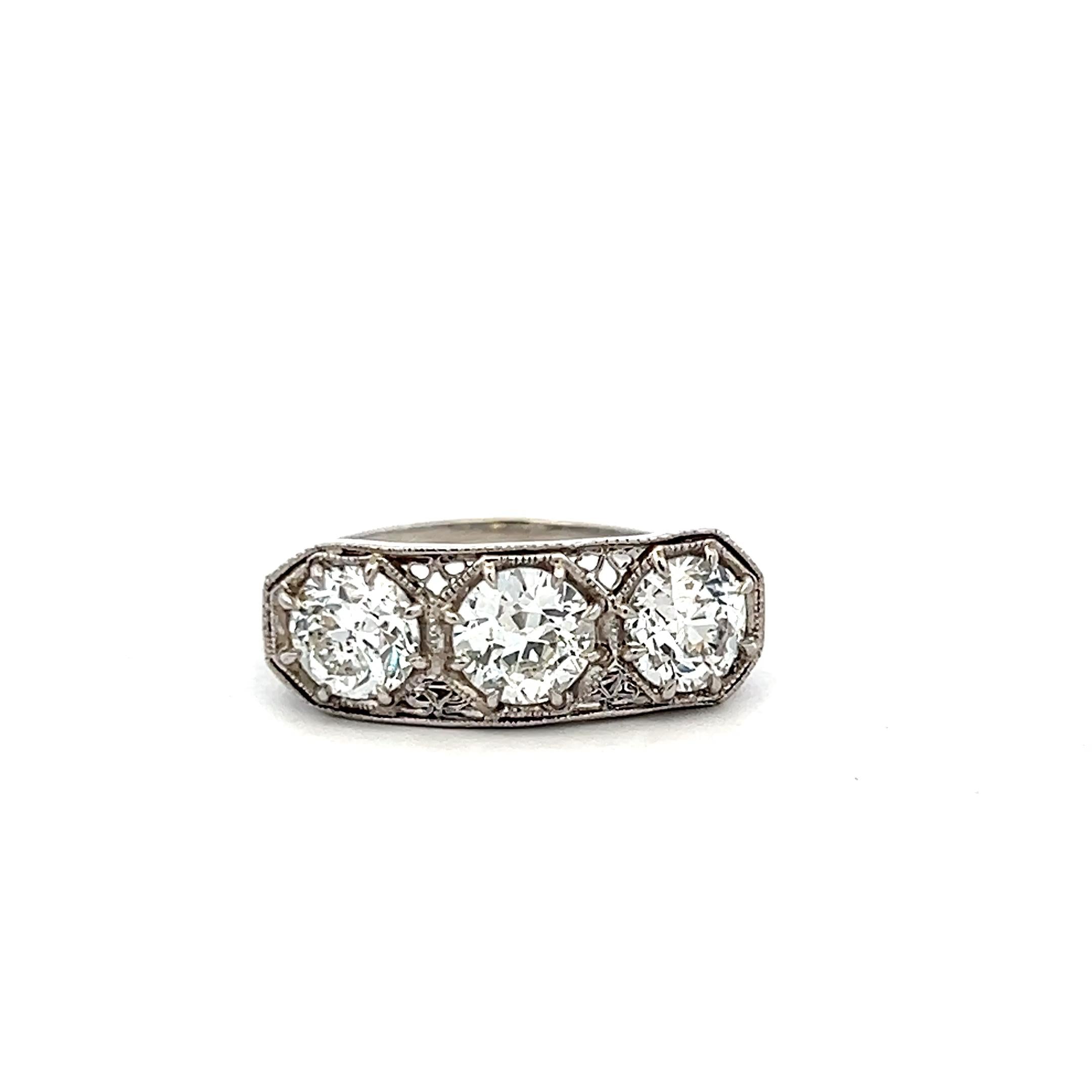 Platinum Three-Stone Ring with 2.26 Carat Circular Cut Diamonds Size 7 GIA