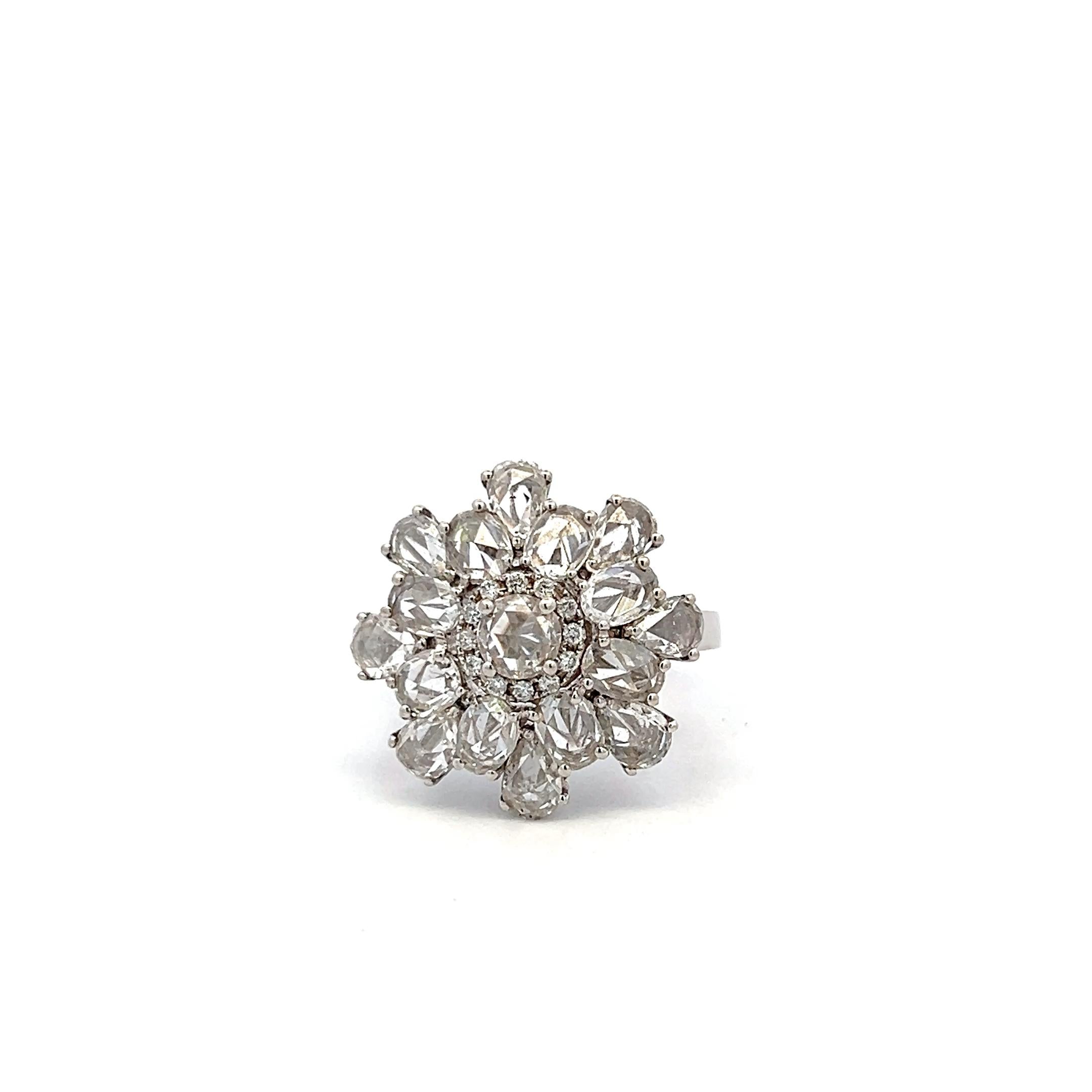 18K White Gold Cluster Ring 3.06 Carat Round & Rose Cut G VS Diamonds Size 7