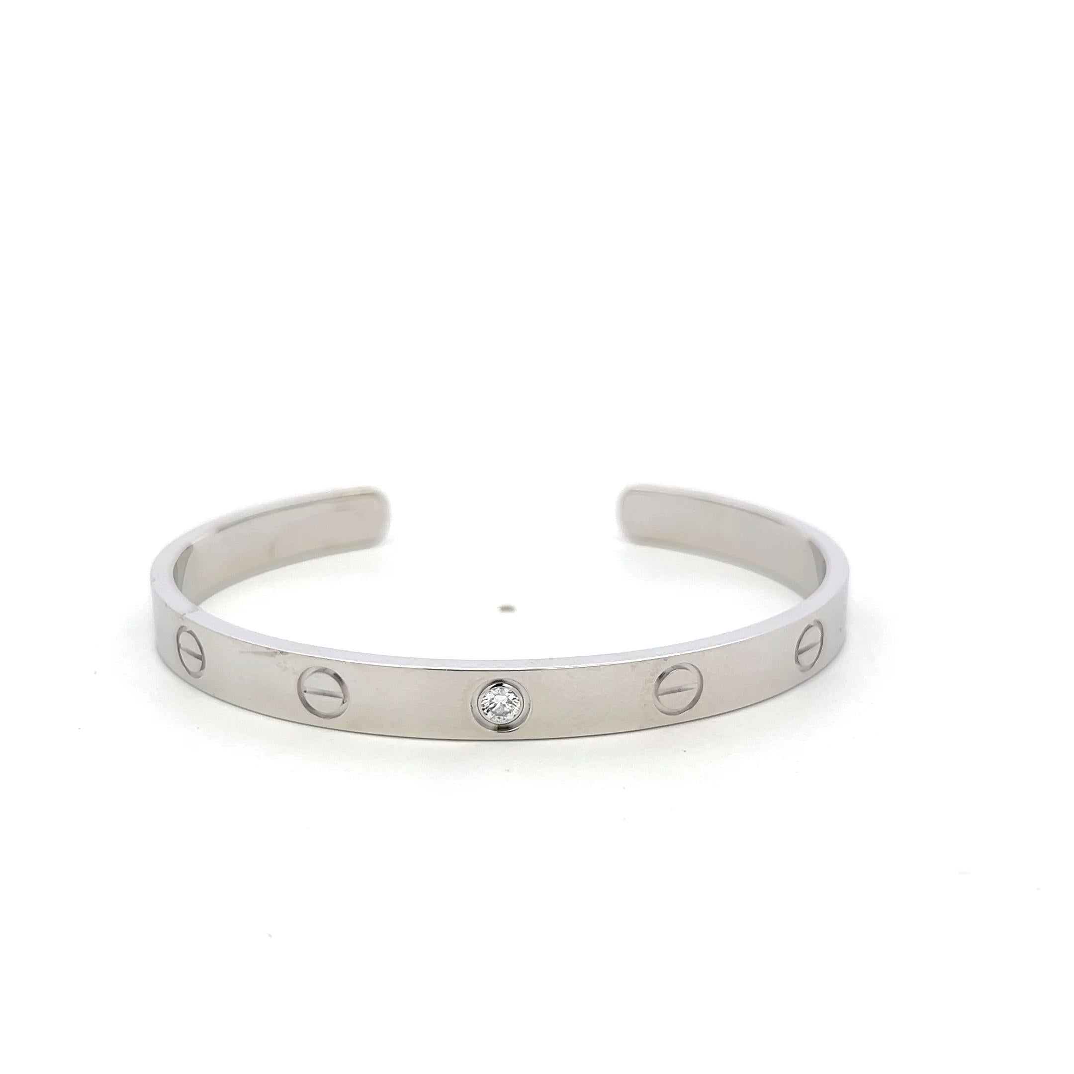 Cartier 18K White Gold Cuff Bracelet with 0.1 Carat Round F VVS Diamonds Size 17
