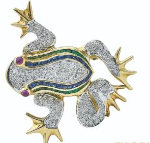 14K YG Frog Pin Brooch with 0.35ct Round Diamonds 0.75ct Sapphires 0.7ct Ruby