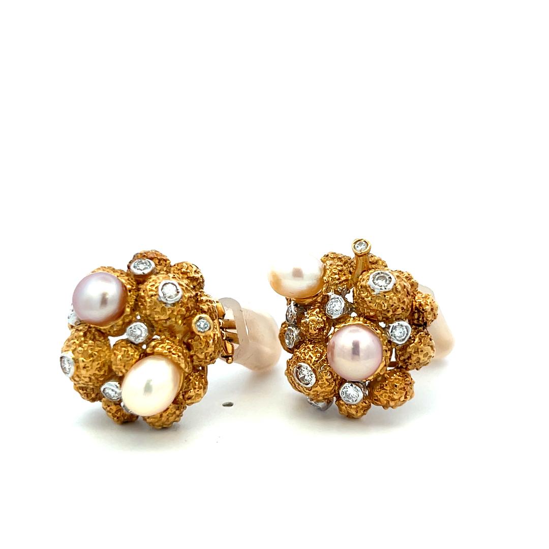 18K Yellow Gold Clip On Earrings with 0.66 Carat Round Diamonds 6.4-7.7mm Pearls