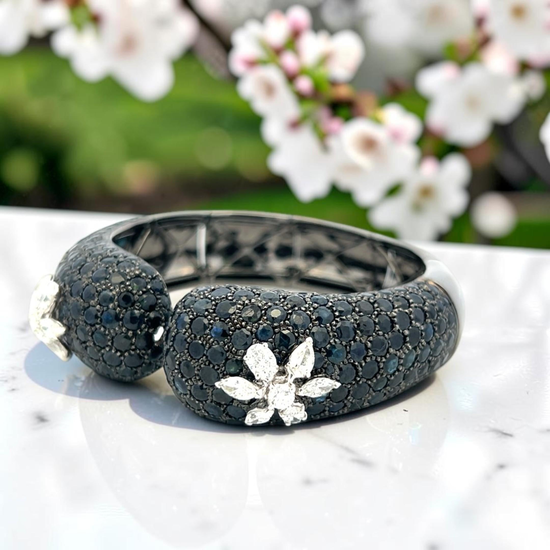 18K White Gold Bangle Bracelet with 2.45ct Mixed Cut H VS Diamonds 25ct Sapphire