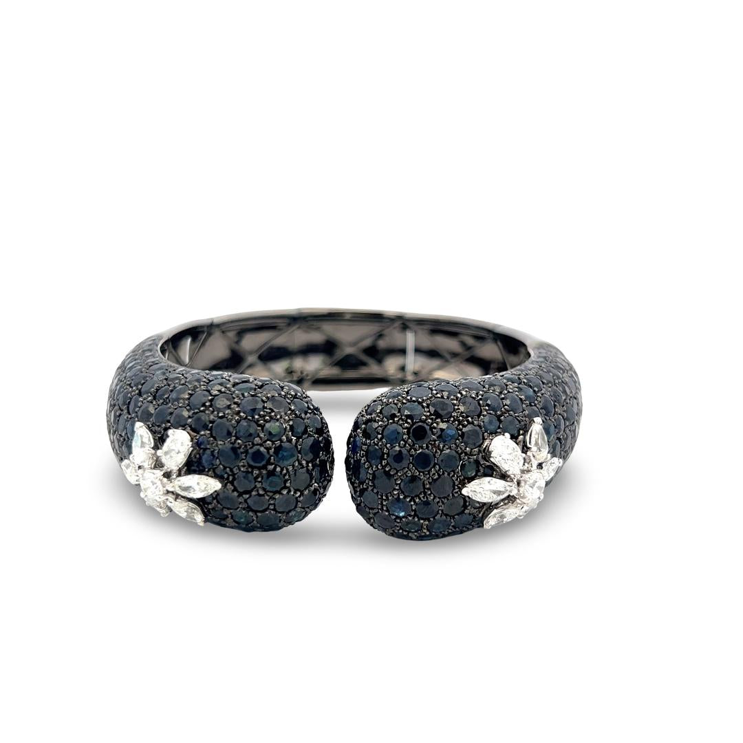 18K White Gold Bangle Bracelet with 2.45ct Mixed Cut H VS Diamonds 25ct Sapphire