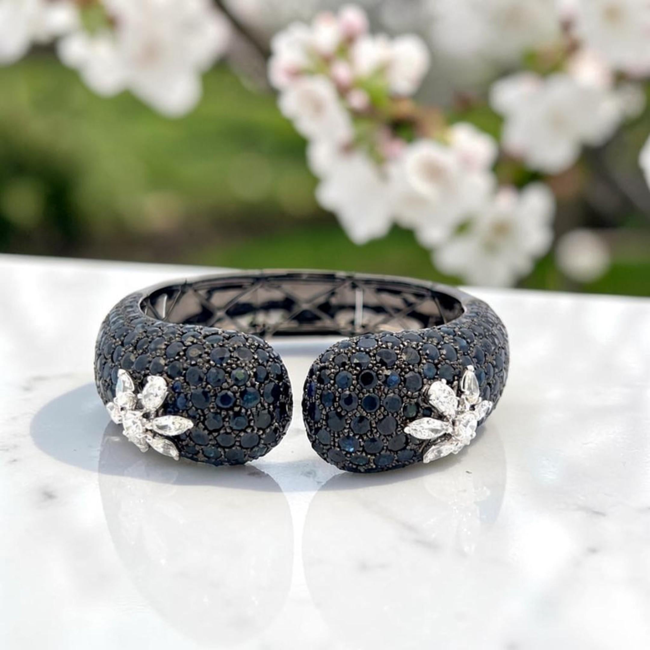 18K White Gold Bangle Bracelet with 2.45ct Mixed Cut H VS Diamonds 25ct Sapphire