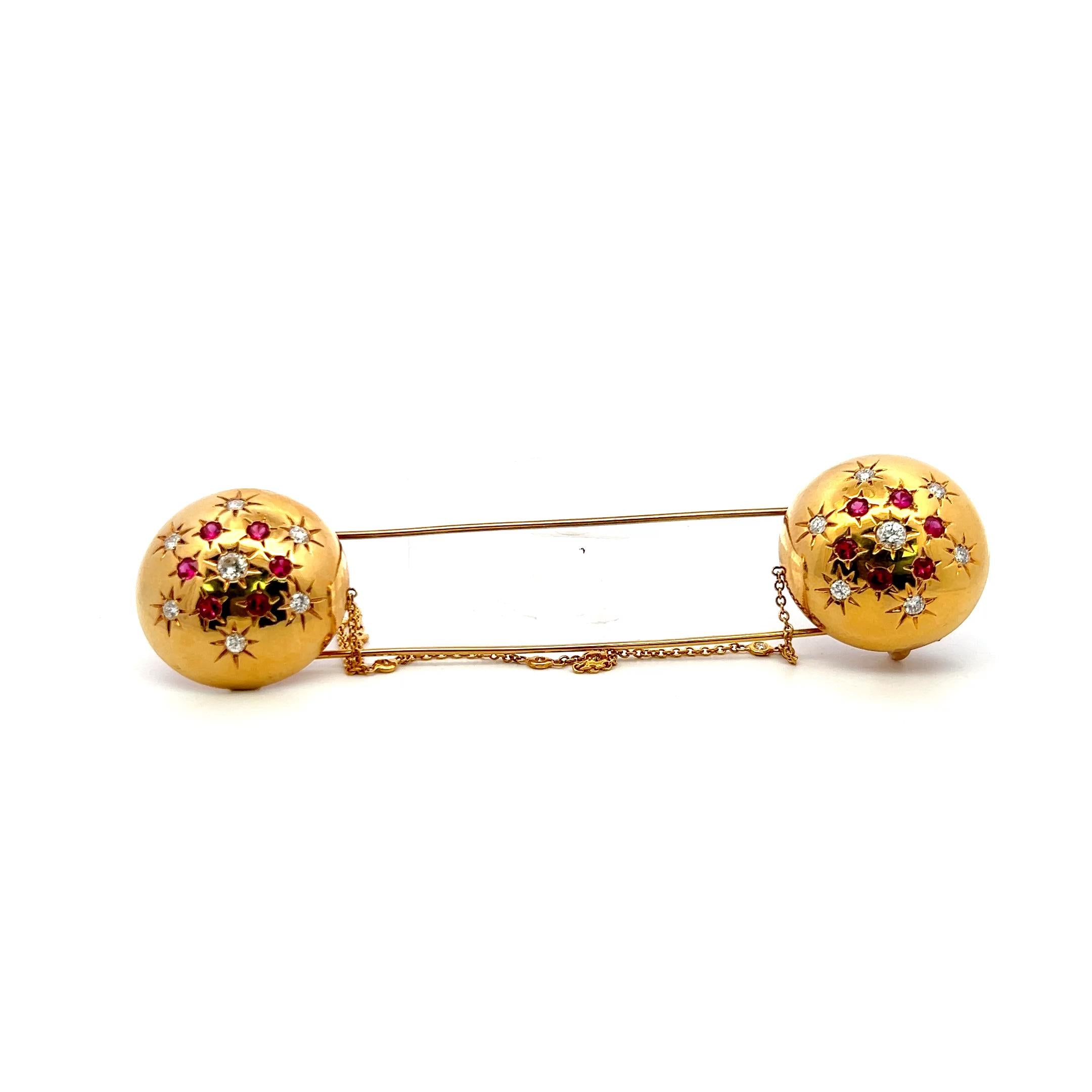 18K Yellow Gold Pin Brooch with 0.95 Carat Round H SI Diamonds & 0.84 Carat Ruby
