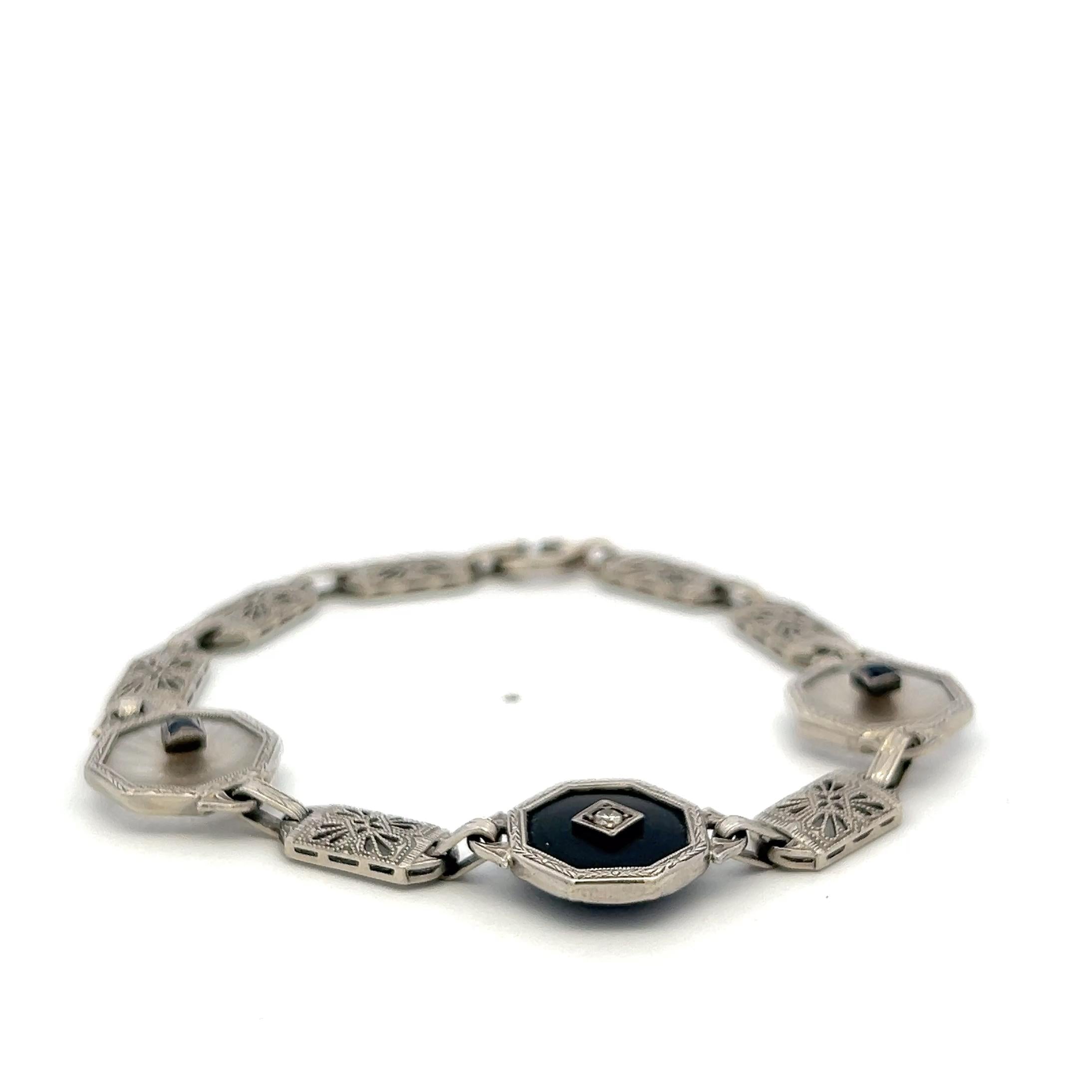 14K White Gold Filigree Bracelet 0.12ct Old European Cut Diamond 0.2ct Sapphire