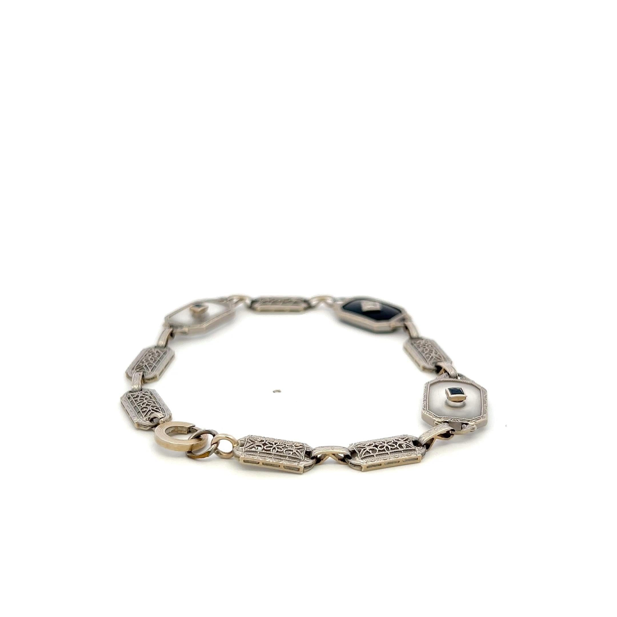 14K WG Filigree Bracelet with 0.12ct Old European Diamonds & 0.2ct Sapphire