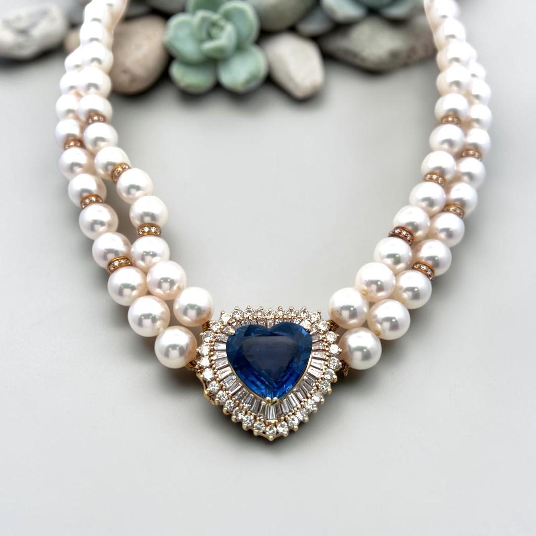 18K YG Heart Shape Choker Necklace with 4ct Mixed Cut Diamonds & 12.8ctSapphire