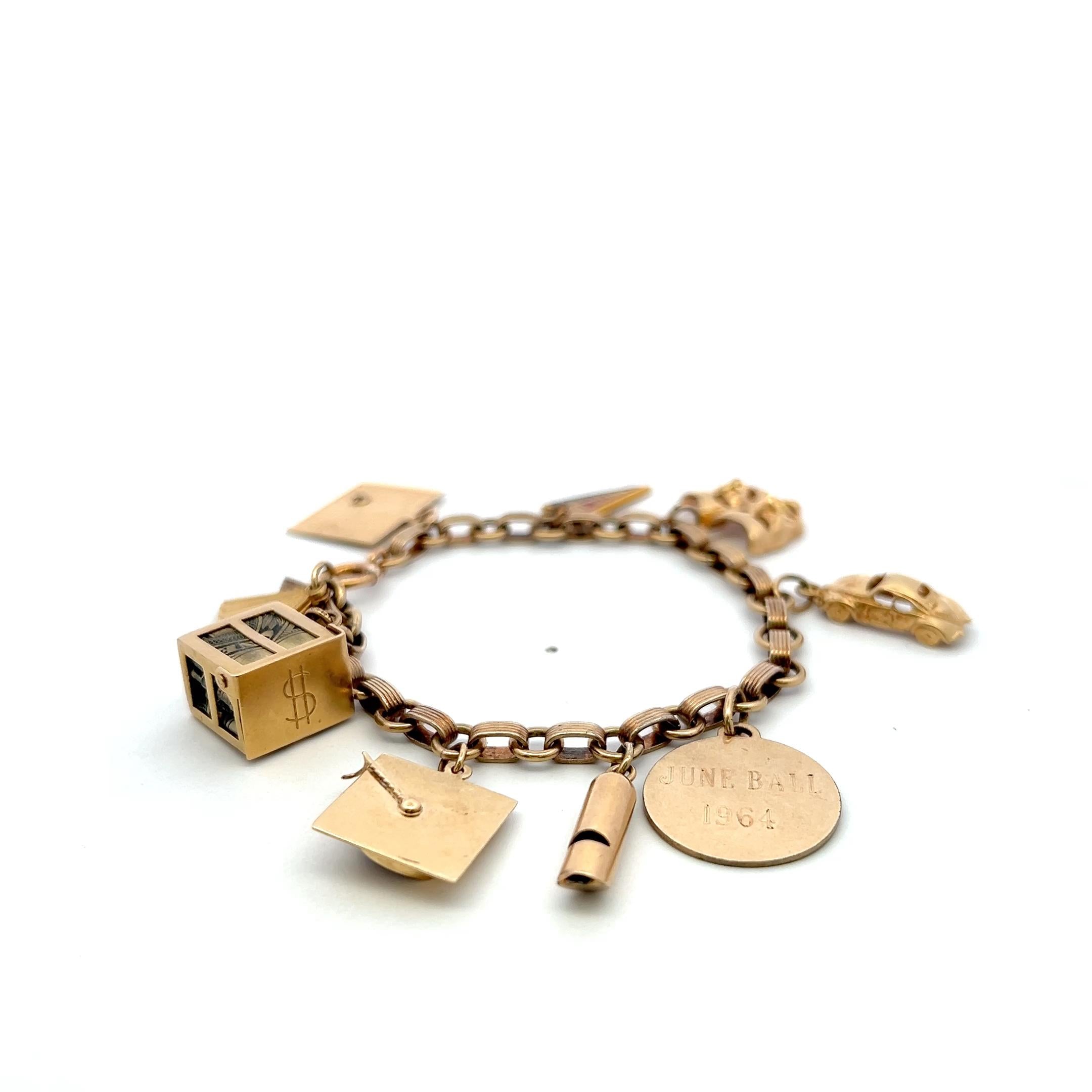 Vintage 14K Yellow Gold Charm Bracelet 7x0.85x0.41 Inch 24.6 Grams