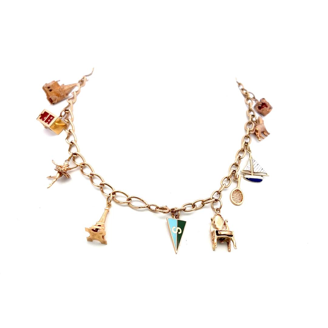 14K Yellow Gold Charm Necklace with 0.35 Carat Pear Shaped Jade 39.18 Grams