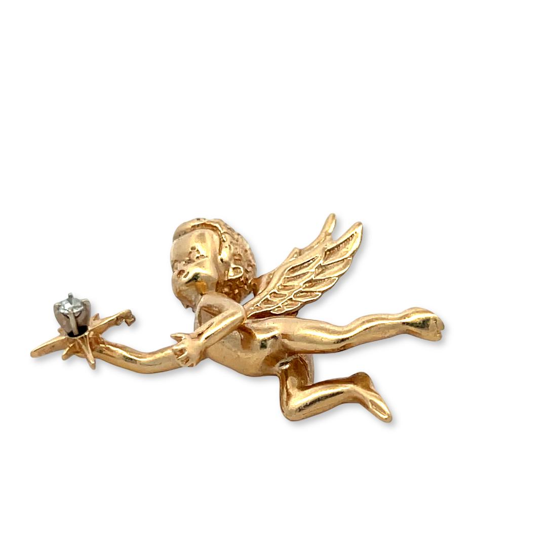 Vintage 14K Yellow Gold Winged Cherub Pin Brooch with 0.06 Carat Round Diamonds