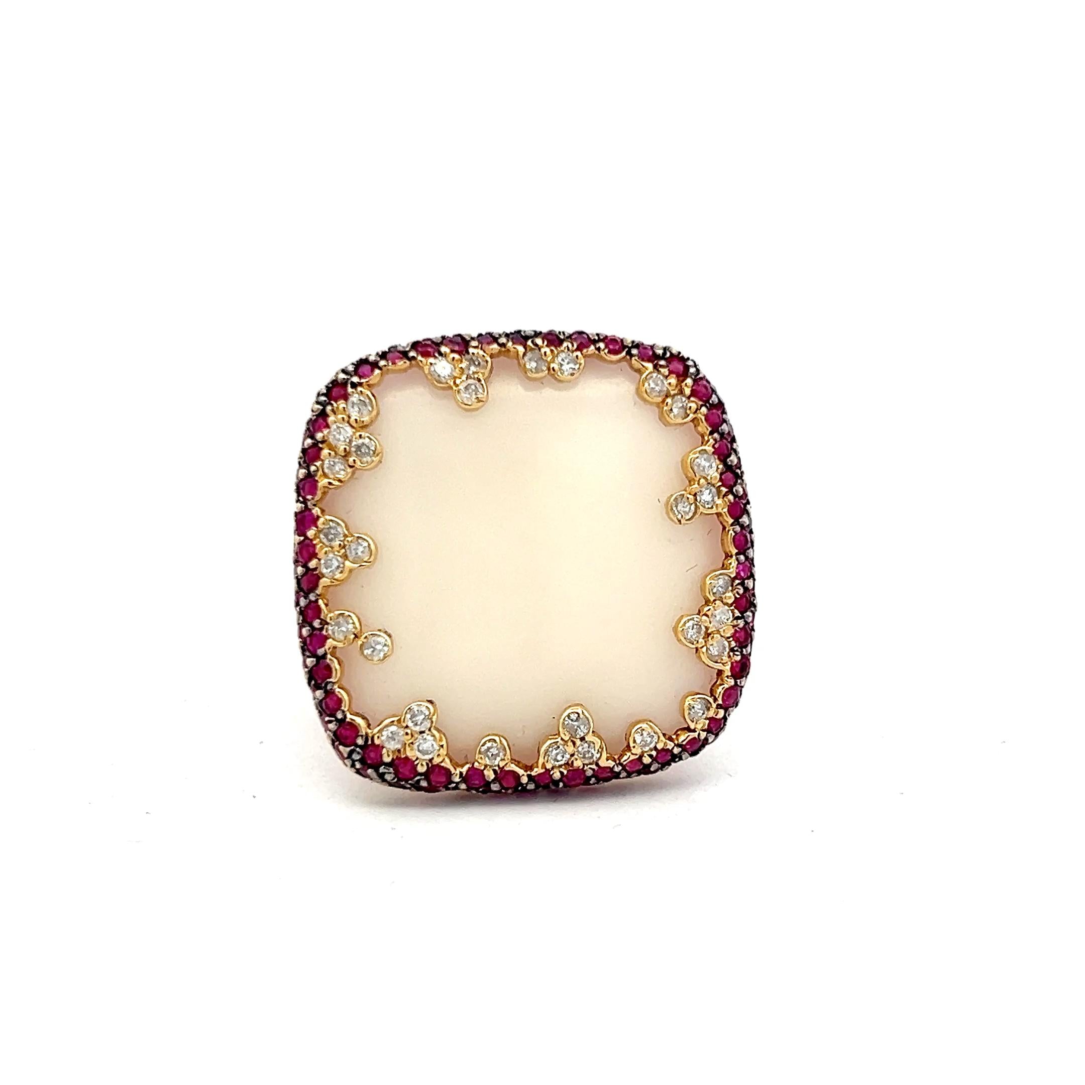 18K Yellow Gold Cocktail Ring with 0.32ct Round Diamond 1ct Ruby & Agate Size 5