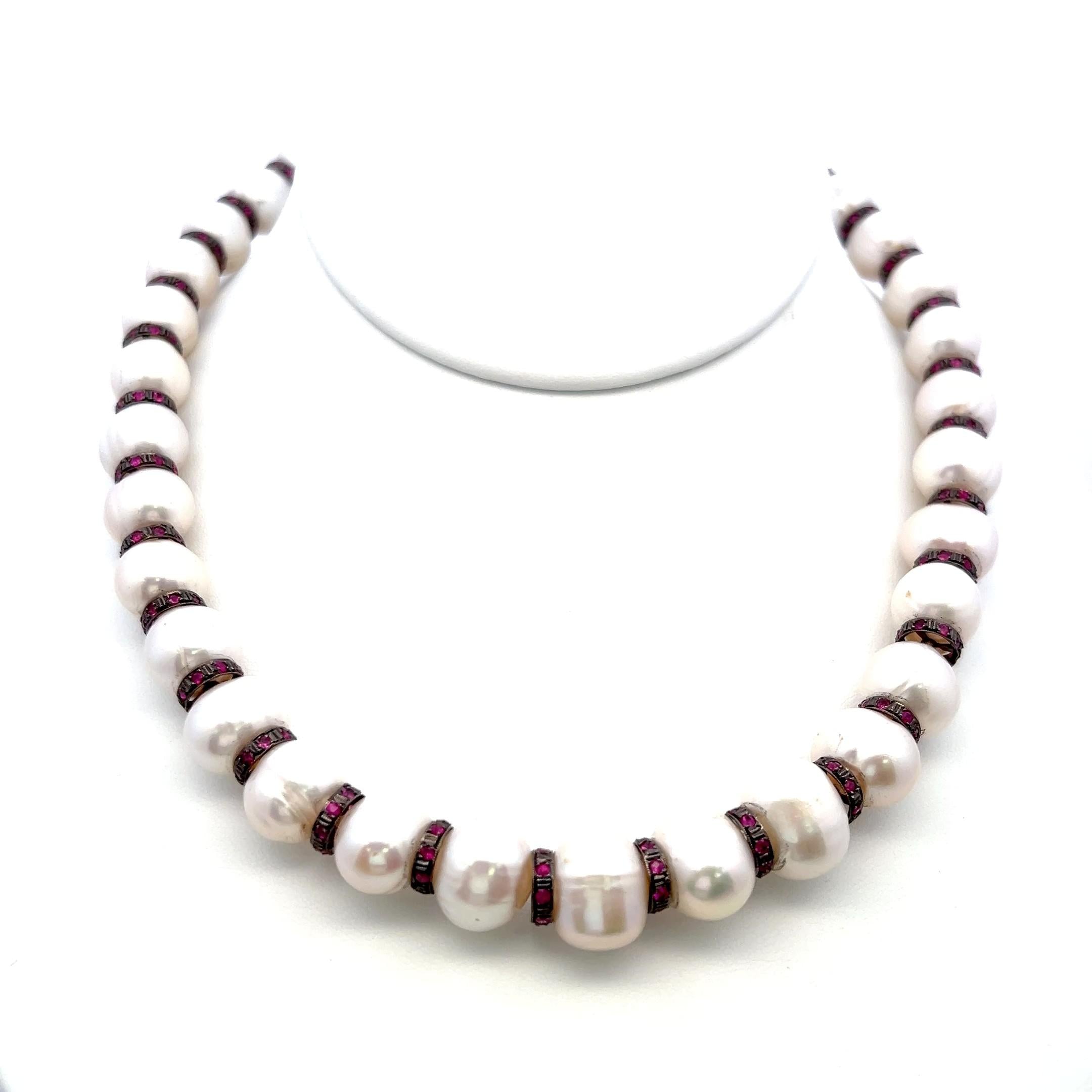 18K Black Gold Beaded Necklace with 4.5 Carat Ruby & 1.09-13.00 MM Pearls