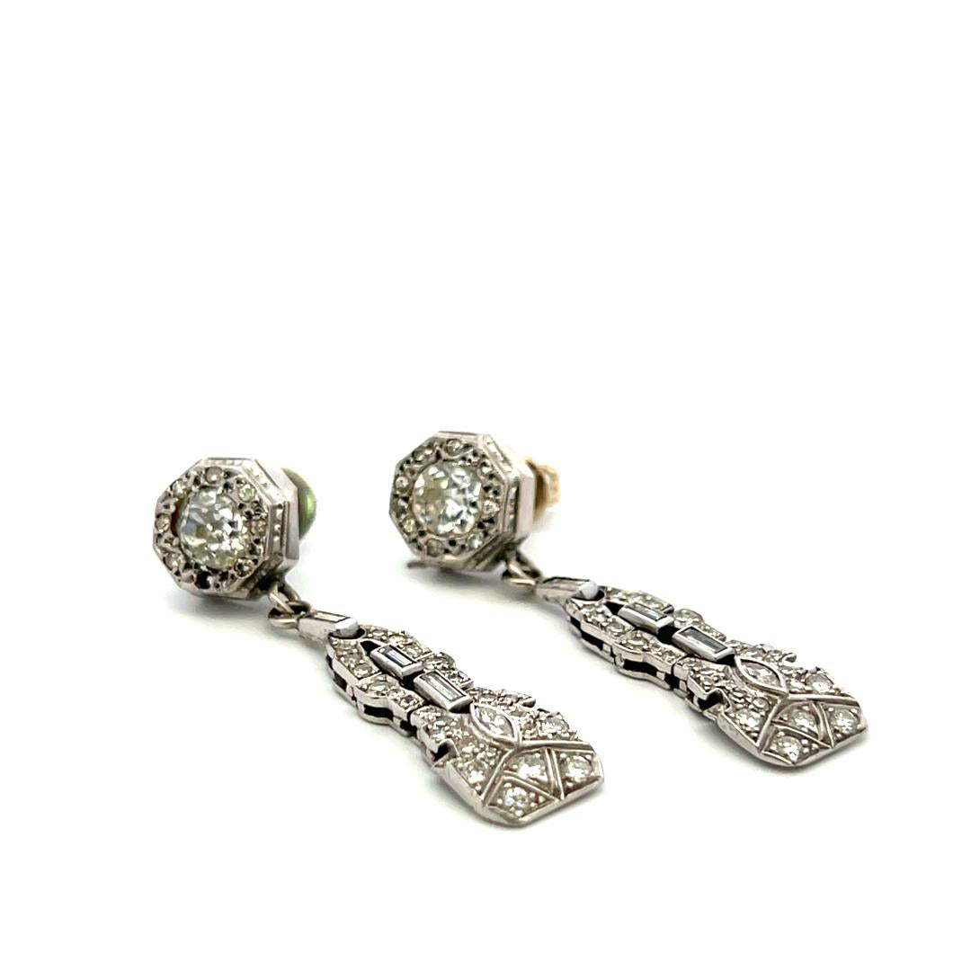 Vintage 14K White Gold Drop Earrings with 2 Carat Old Miner Cut I-SI Diamonds