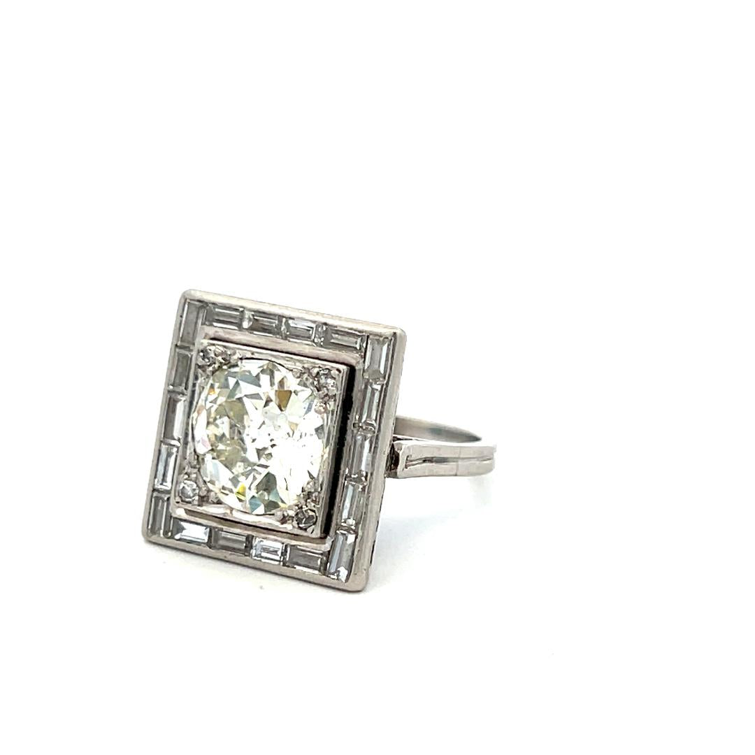 Platinum Engagement Ring with 3.9ct Old Miner Cut & Baguette Diamonds Size 4.5