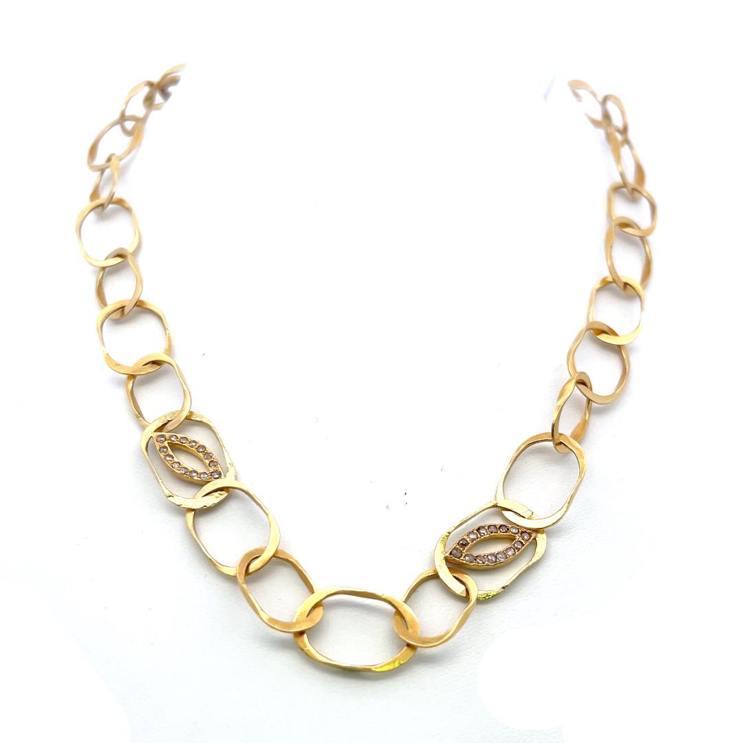 Vintage 18K Yellow Gold Link Necklace with 0.56 Carat Rose Cut J SI Diamonds