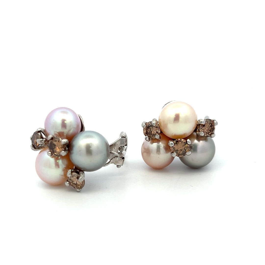 18K WG Clip-On Earrings with 2.5ct Round FDB VS Diamonds and 9.00-10.5mm Pearl