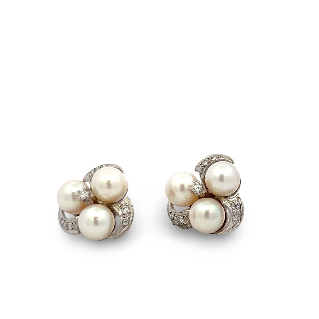 18K White Gold Cluster Earrings with 0.12ct Round H SI Diamonds & 6.00 MM Pearl