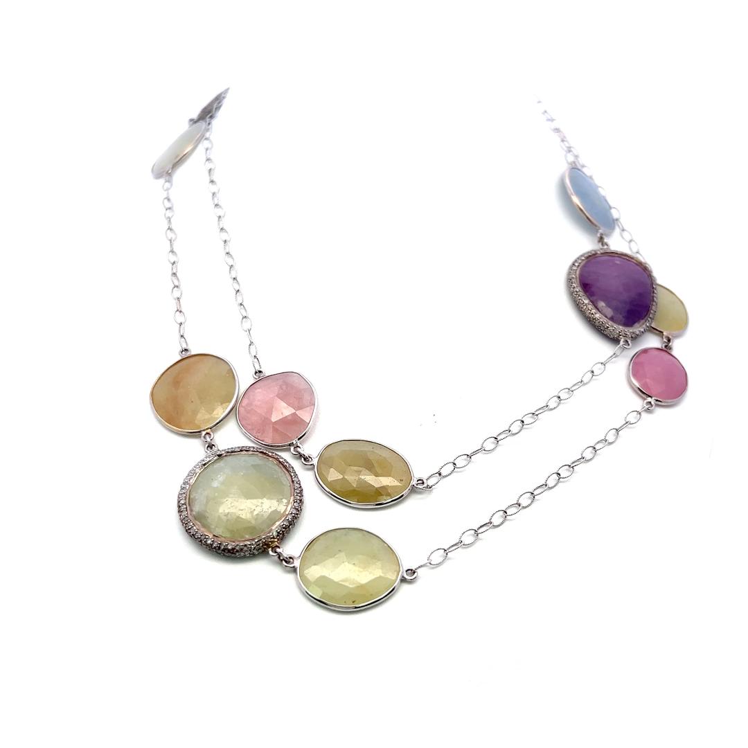 Vintage 18K White Gold Link Necklace with 3.3 Carat Round Diamonds & Multi-Gems