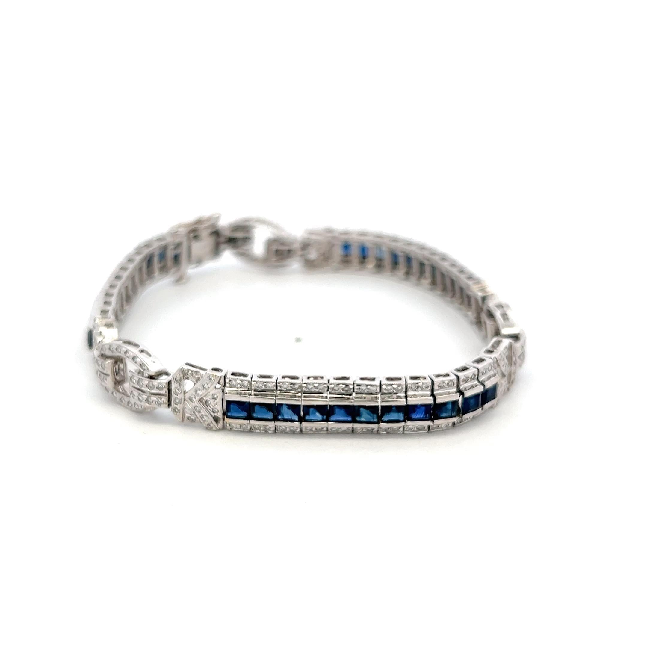 18K White Gold Art-Deco Bracelet with 1.54ct Round I I1 Diamonds & 6ct Sapphire