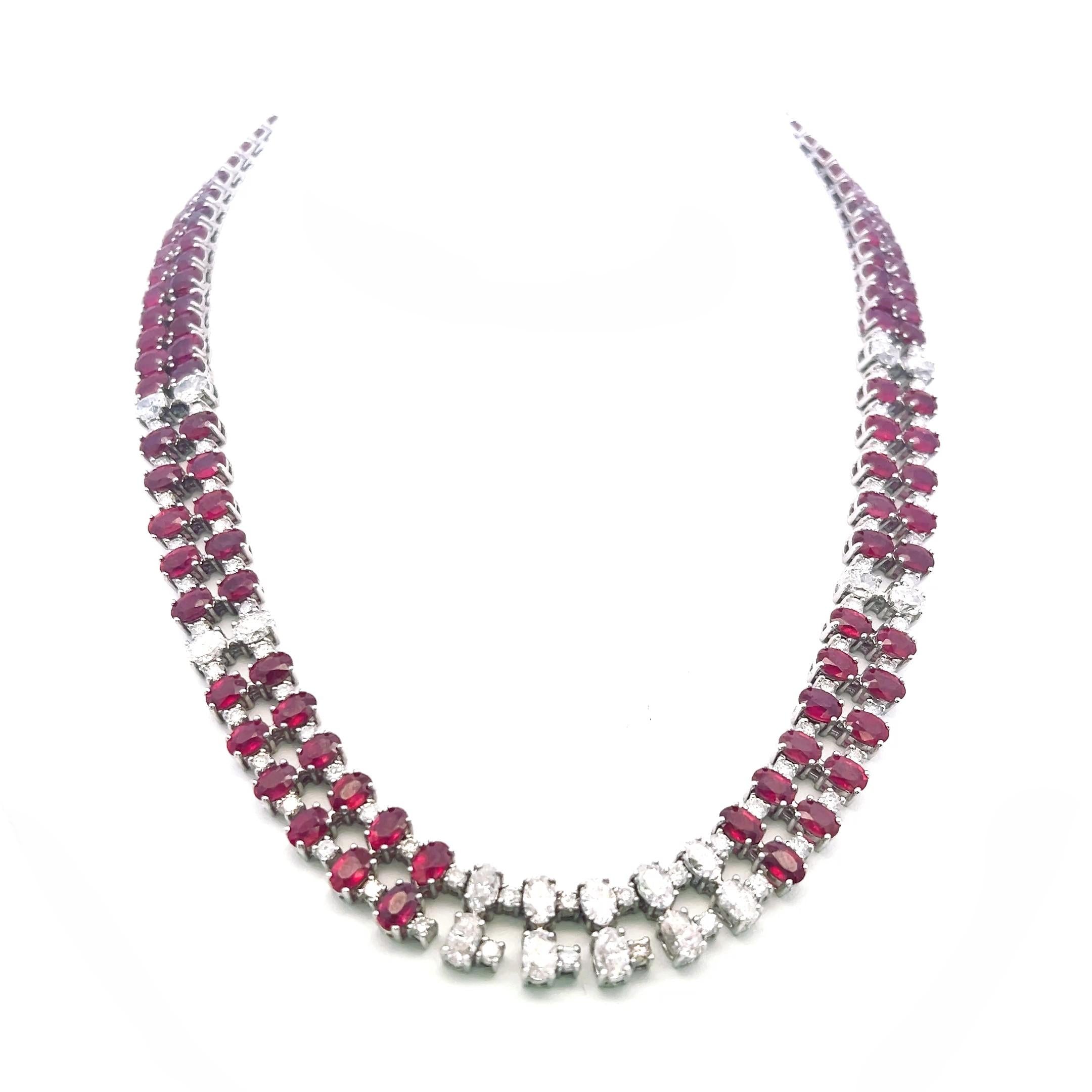 18K White Gold Riviera Necklace with 8.8ct Oval & Round Diamonds and 71ct Rubies