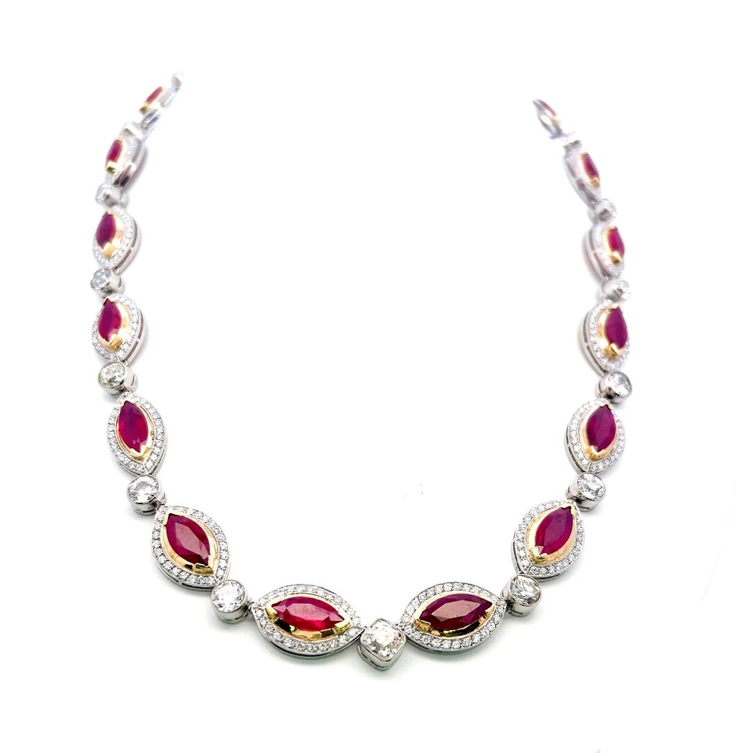 18K Two-Tone Gold Link Necklace with 15ct Old European I VS Diamonds & 18ct Ruby