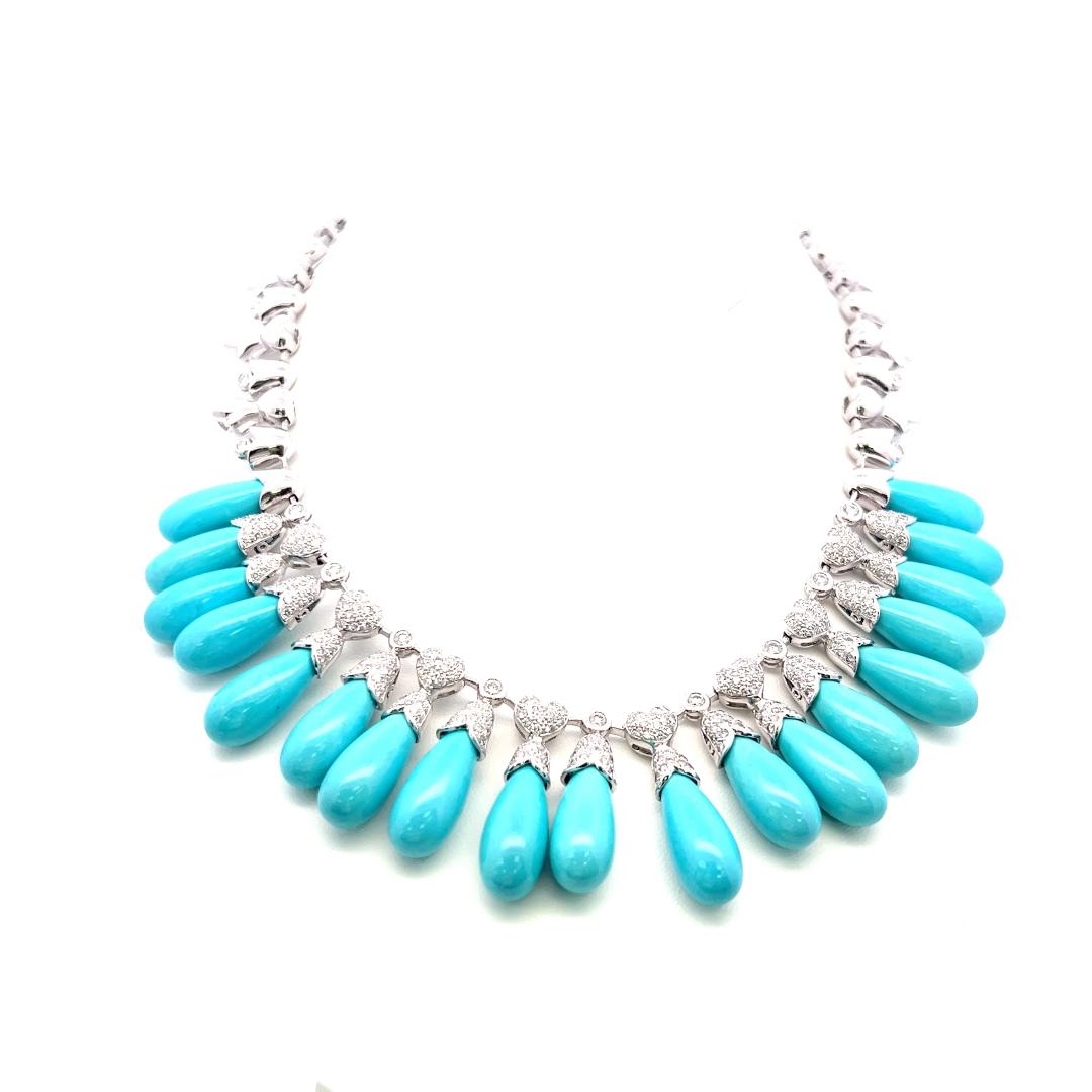 Estate 18K White Gold Fringe Necklace with 5.81 Carat Round Diamonds & Turquoise