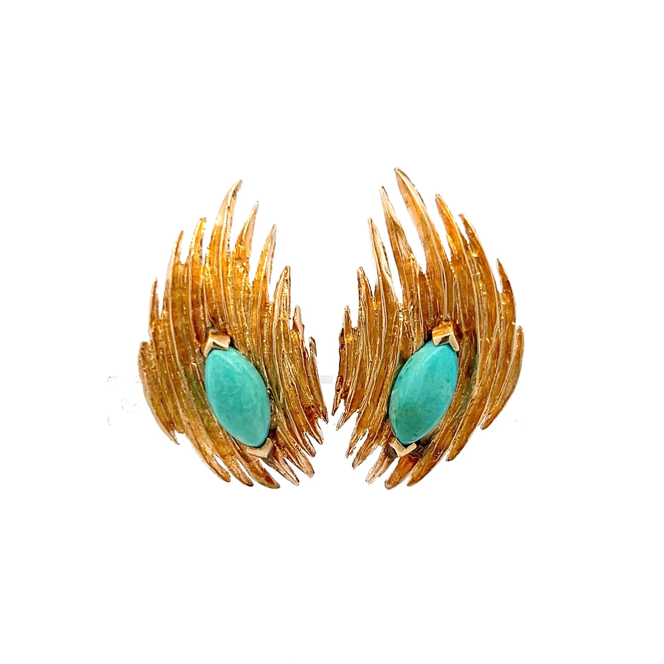 Estate 14K Yellow Gold Clip On Earrings with 4.26 Carat Turquoise Gemstones