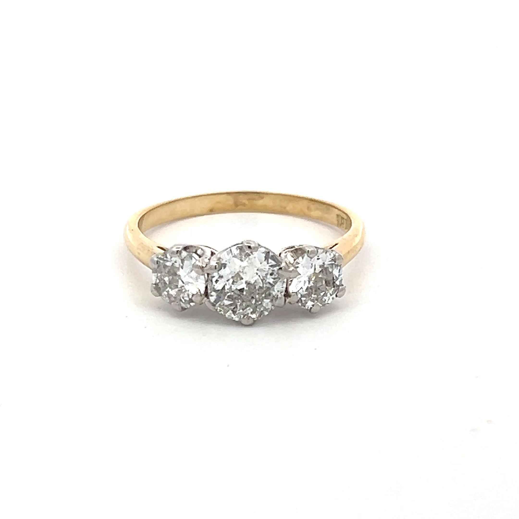 18K Two Tone Gold/Plat Three-Stone Ring 1.37ct Old European Diamonds Size 6.75
