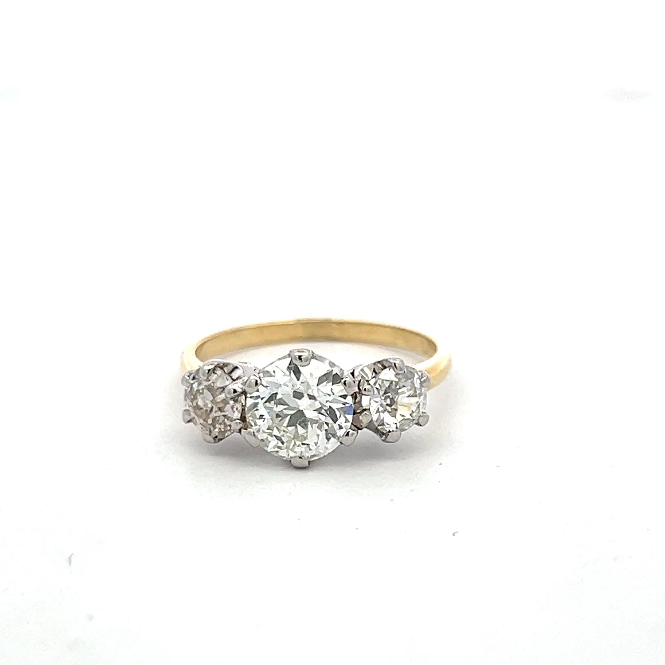 18K Two Tone Gold Three-Stone Ring 2.13ct Circular & European Diamonds J SI1 GIA
