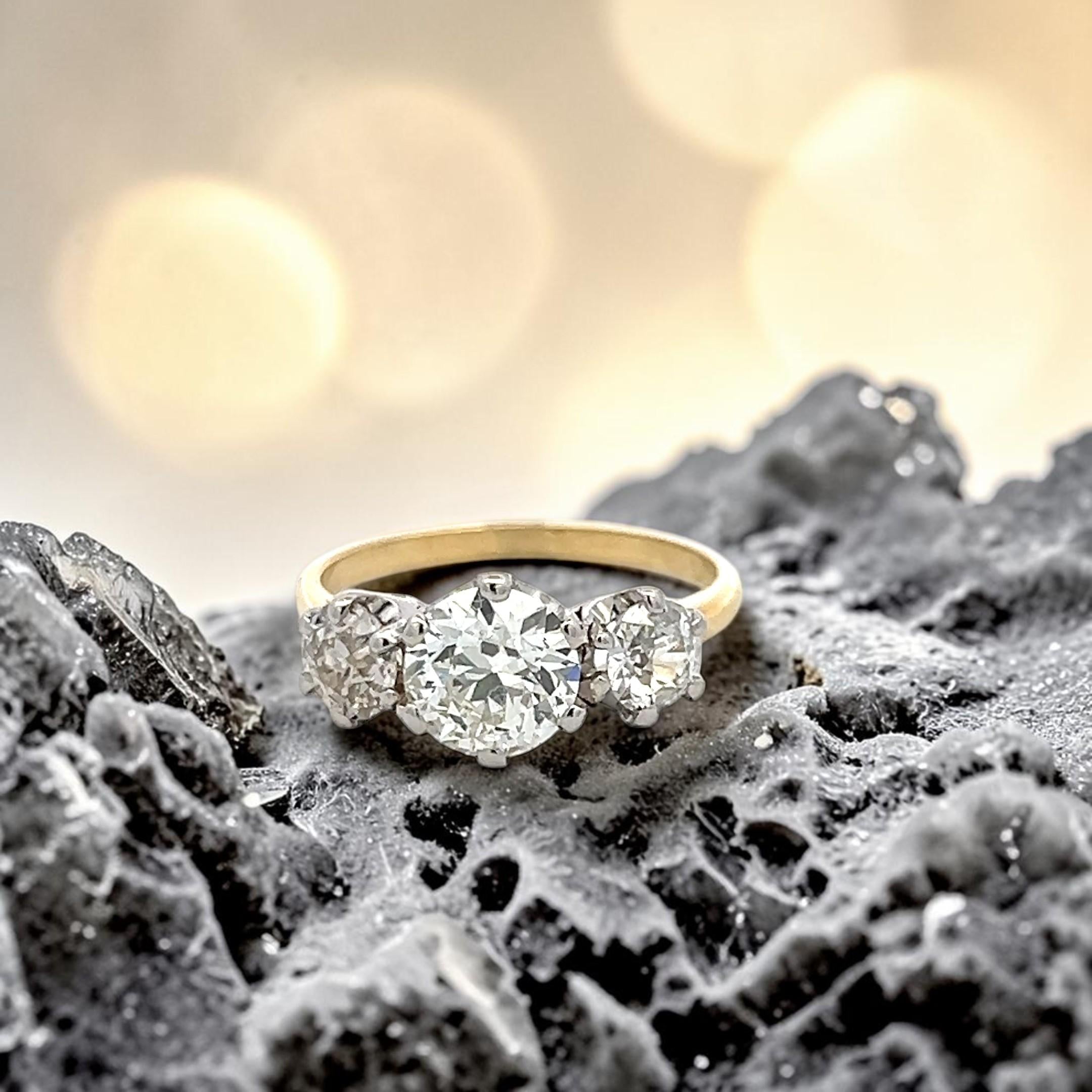 18K Two Tone Gold Three-Stone Ring 2.13ct Circular & European Diamonds J SI1 GIA