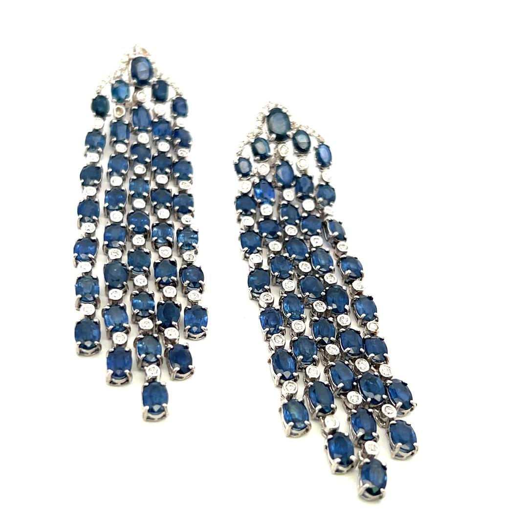14K White Gold Drop Earrings with 1.35ct Round H VS Diamonds & 24ct Sapphire