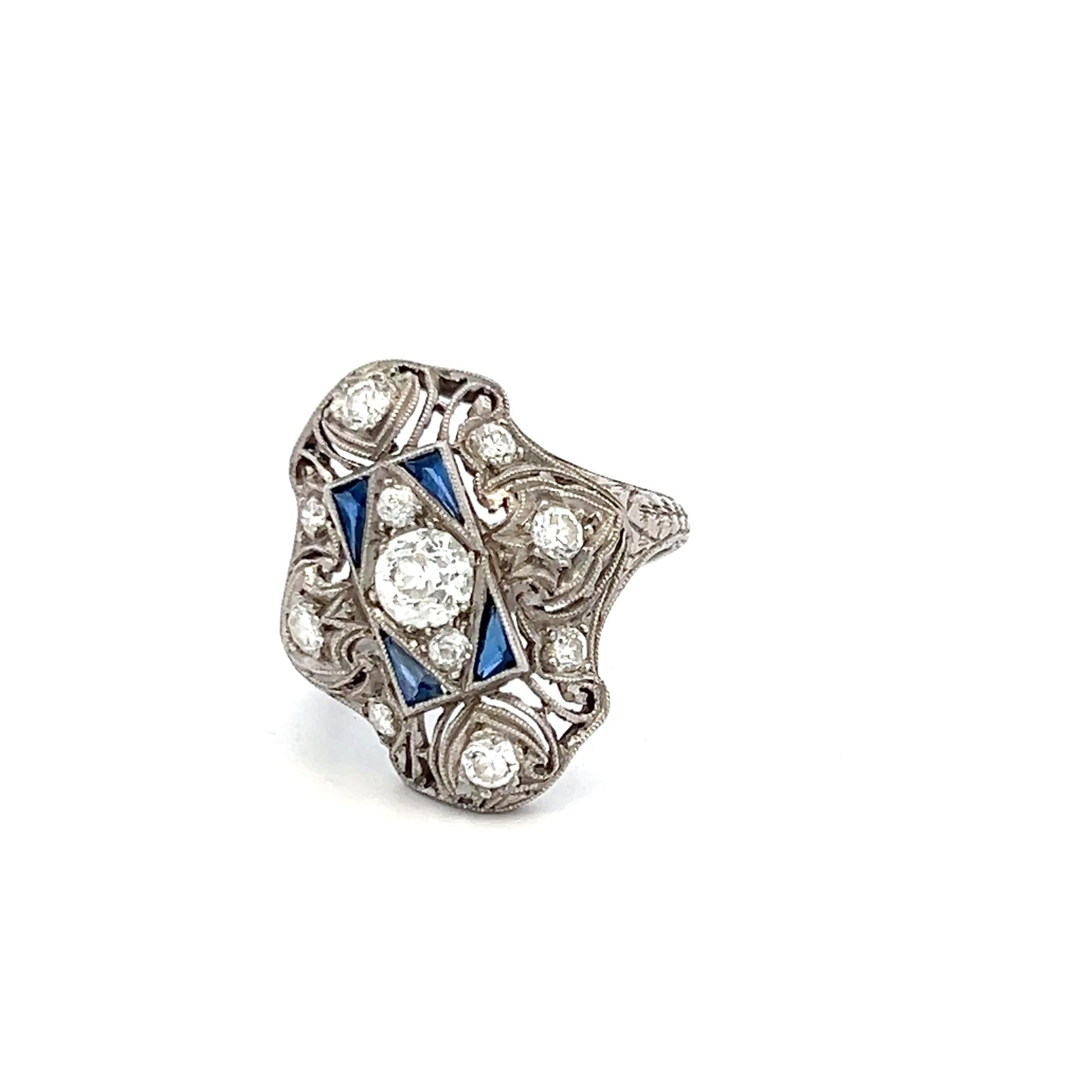 Platinum Art Deco Ring 0.85ct Old European Diamonds & 0.15ct Sapphire Size 5.25