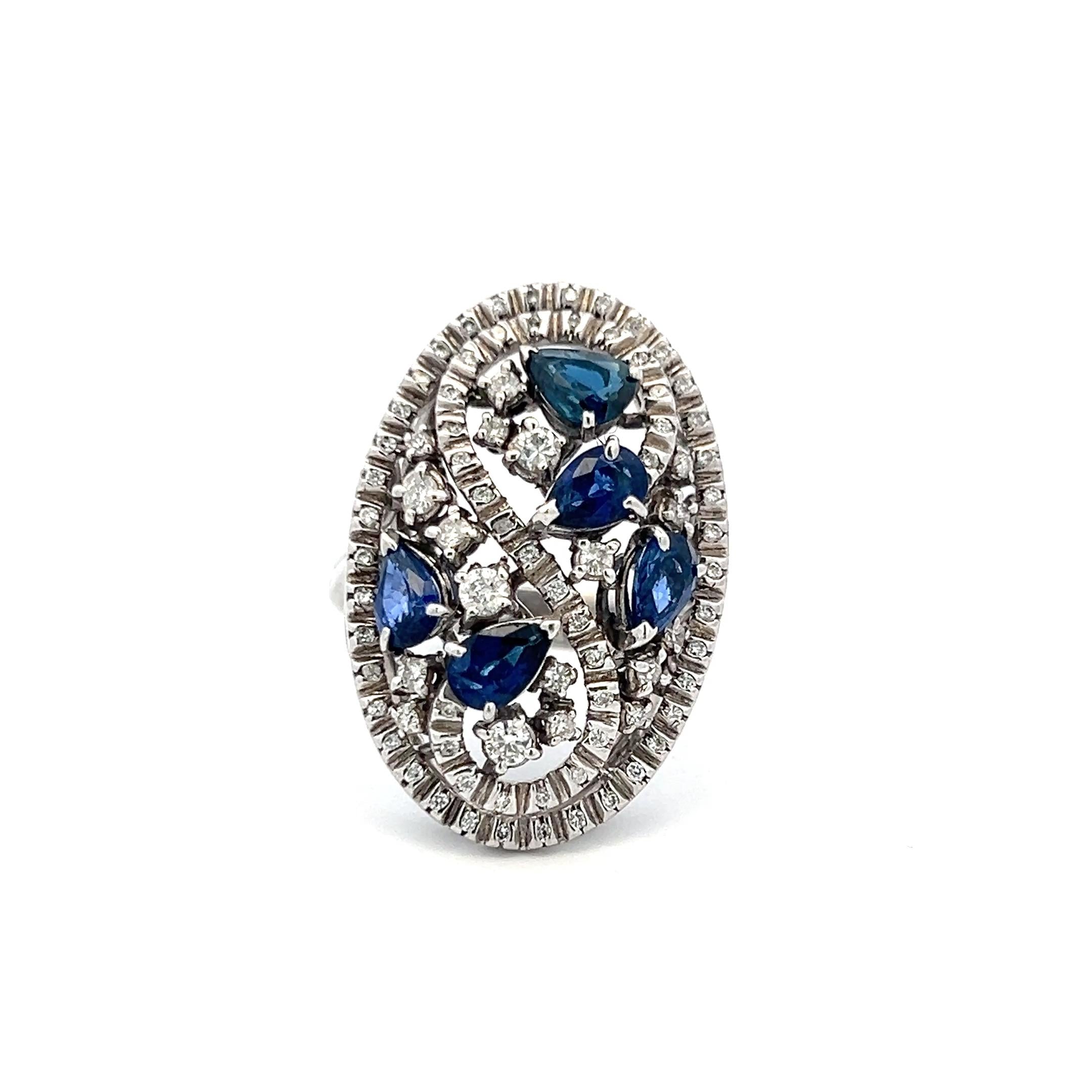 18K White Gold Cocktail Ring 0.39ct Round Diamonds & 1.25ct Sapphire Size 10.25