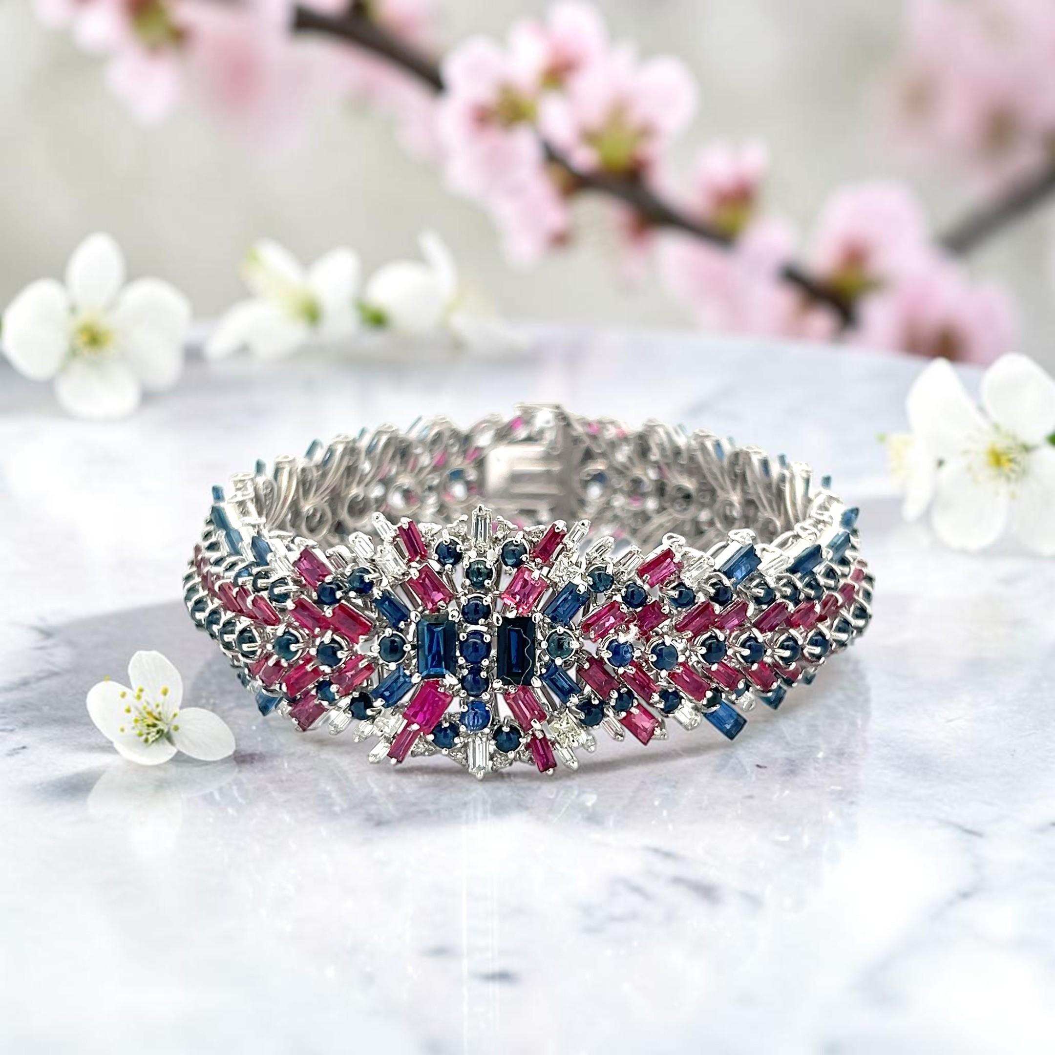 Estate 18K WG Link Bracelet with 1.88ct Diamonds 7.5ct Sapphire and 6ct Ruby