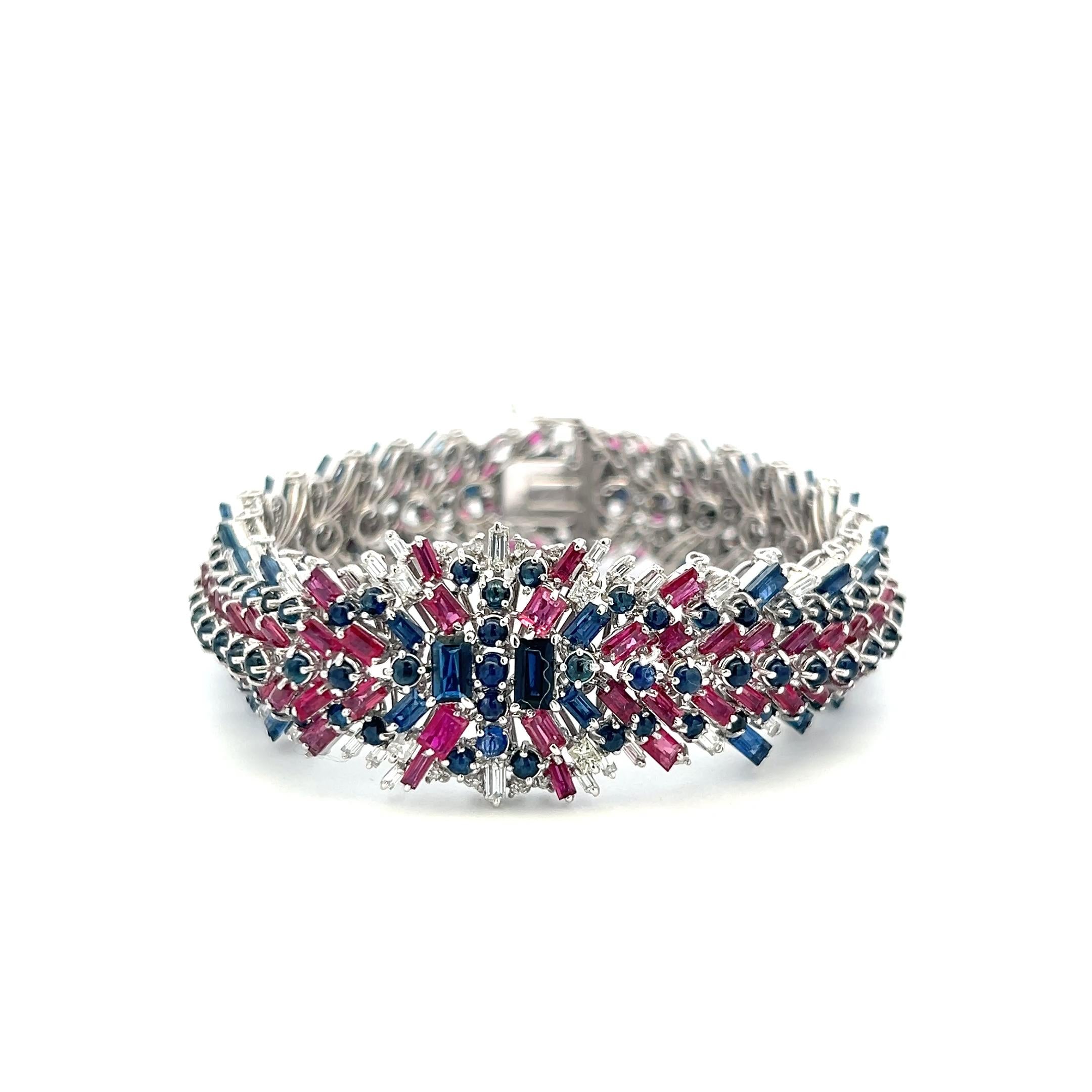 Estate 18K WG Link Bracelet with 1.88ct Diamonds 7.5ct Sapphire and 6ct Ruby